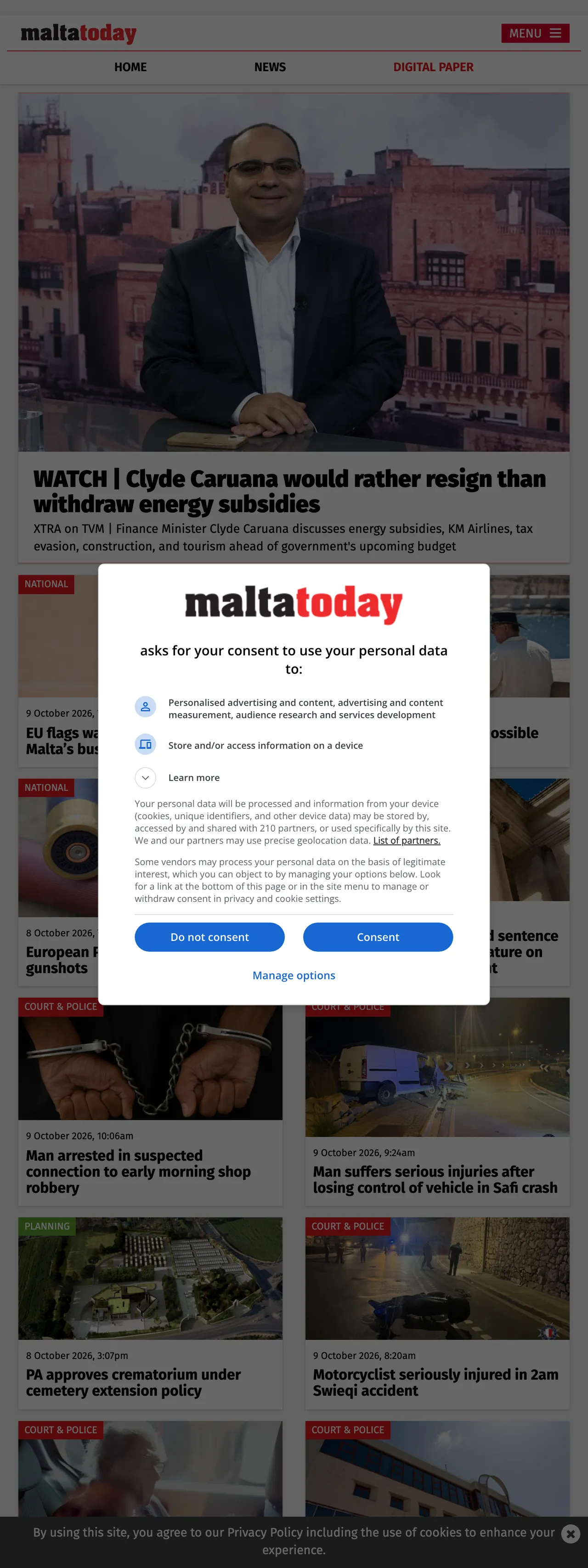 Screenshot of the Malta Today front page