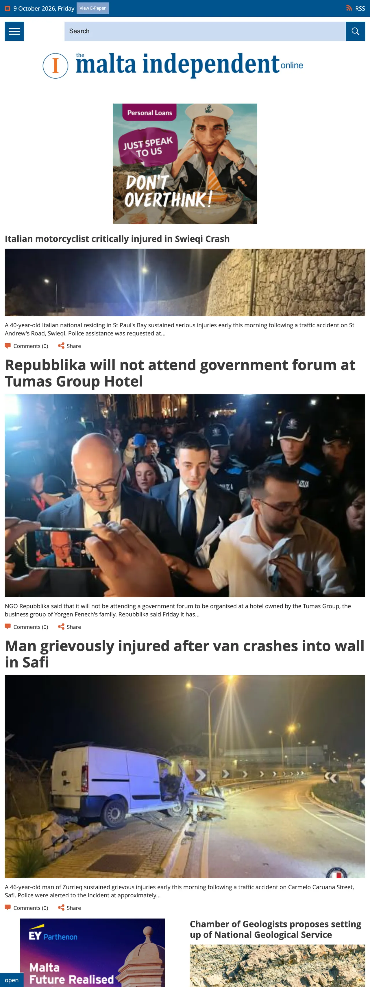 Screenshot of the The Malta Independent front page