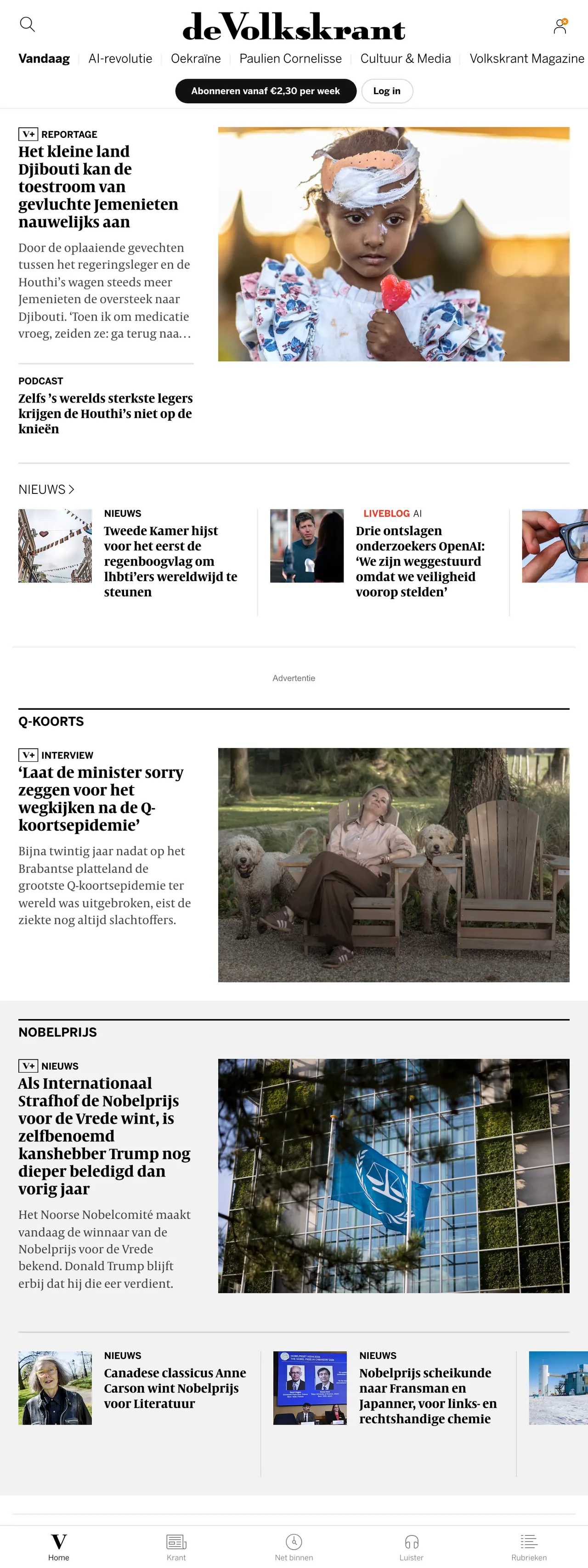 Screenshot of the de Volkskrant front page