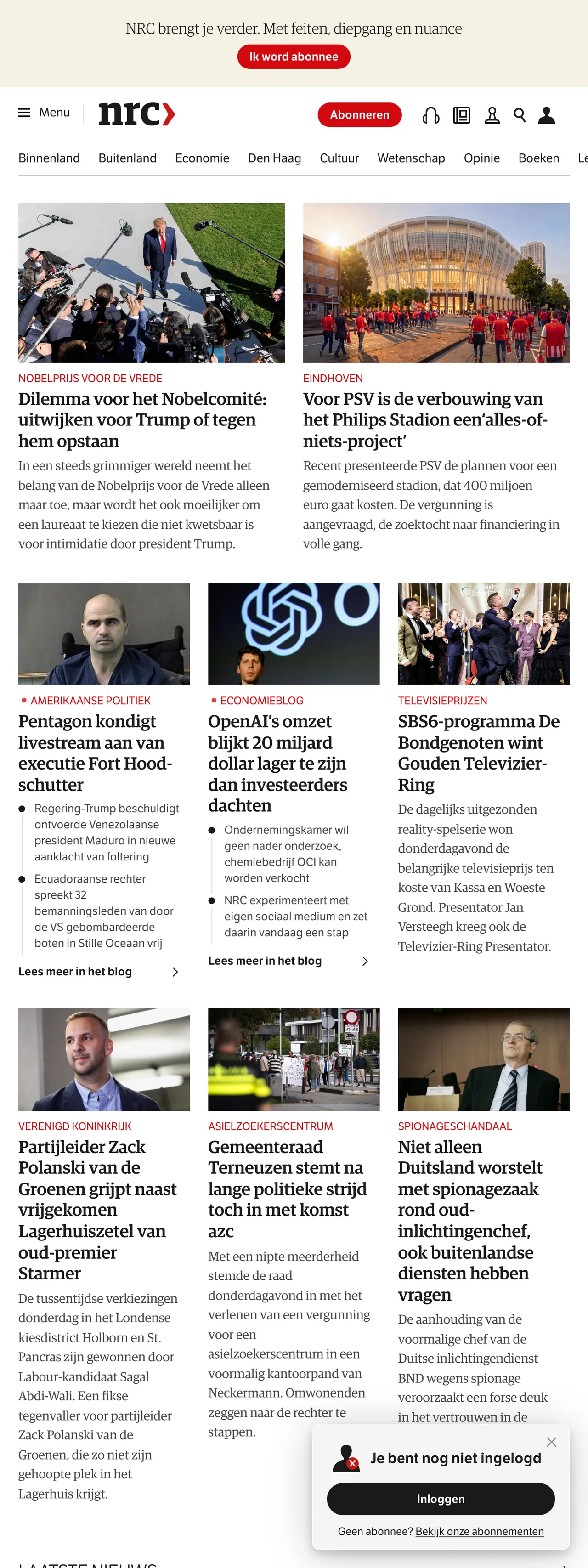 Screenshot of the NRC front page