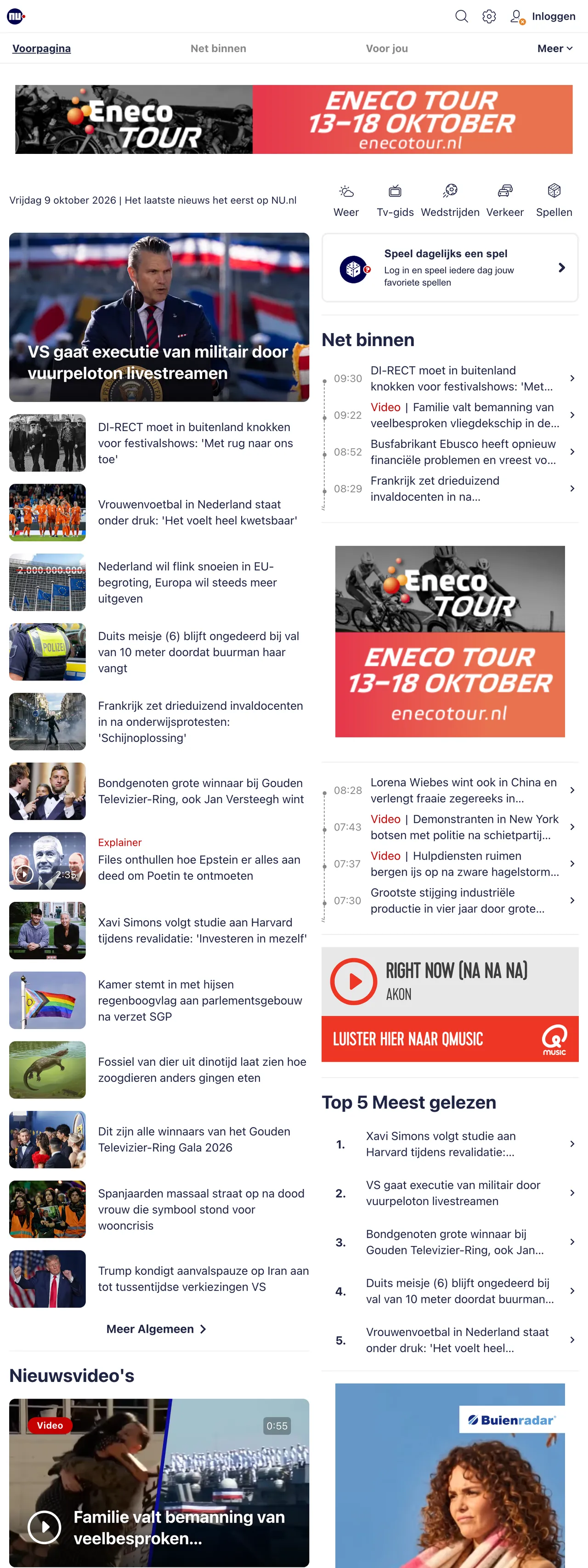 Screenshot of the NU.nl front page