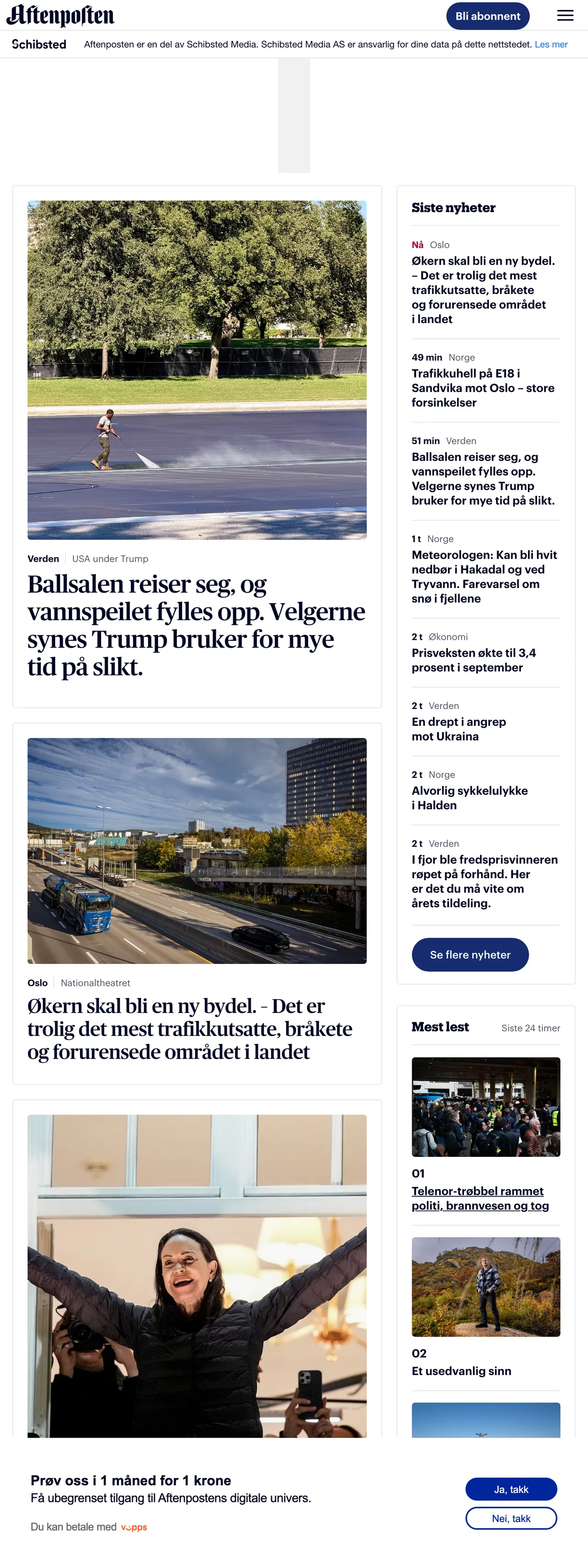 Screenshot of the Aftenposten front page