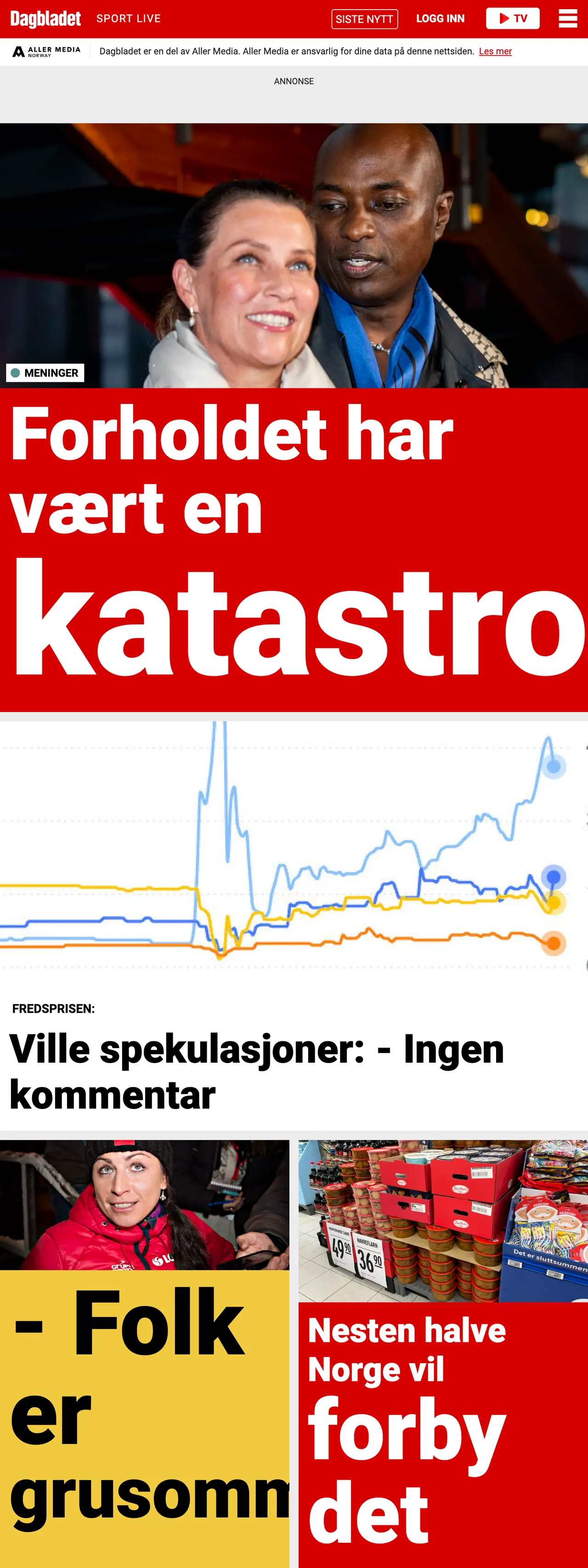 Screenshot of the Dagbladet front page