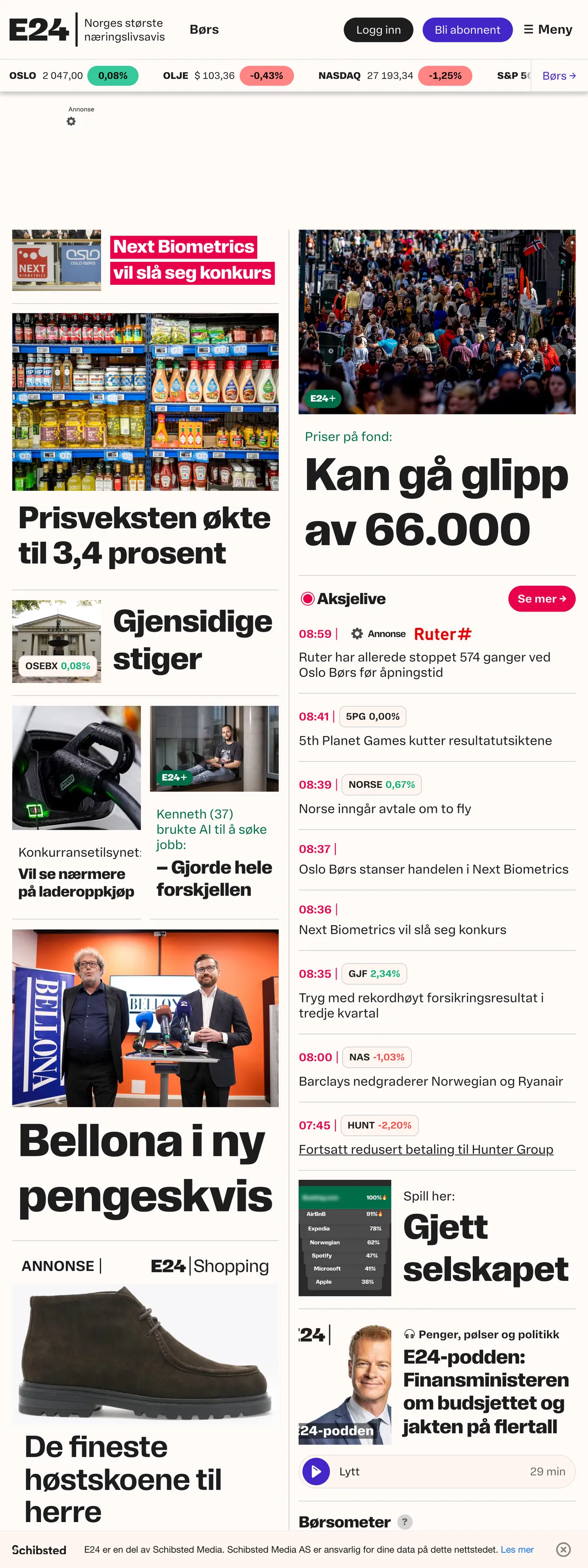 Screenshot of the E24 front page