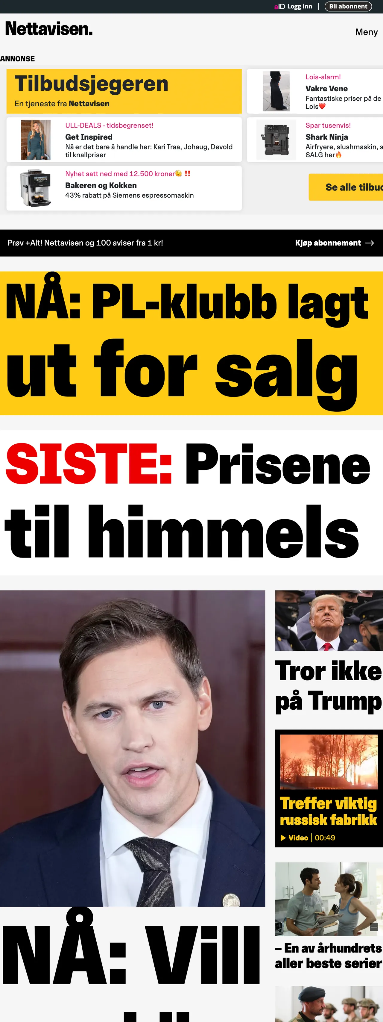 Screenshot of the Nettavisen front page