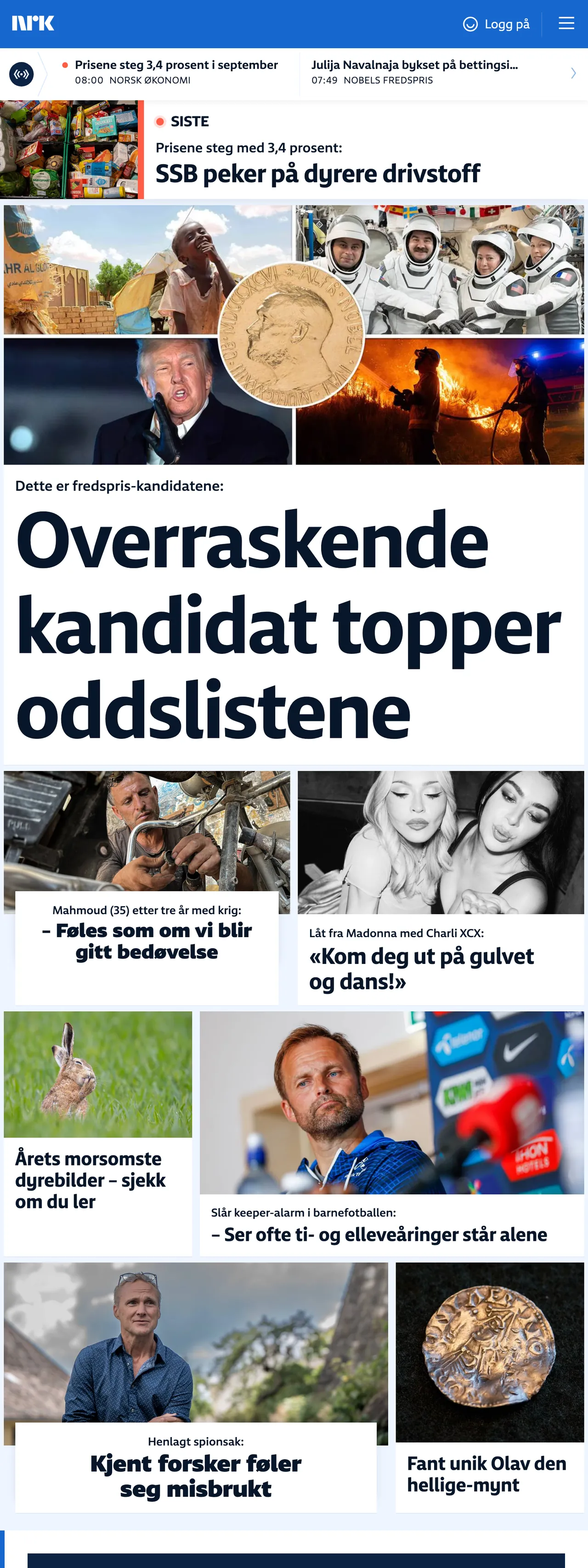 Screenshot of the NRK front page