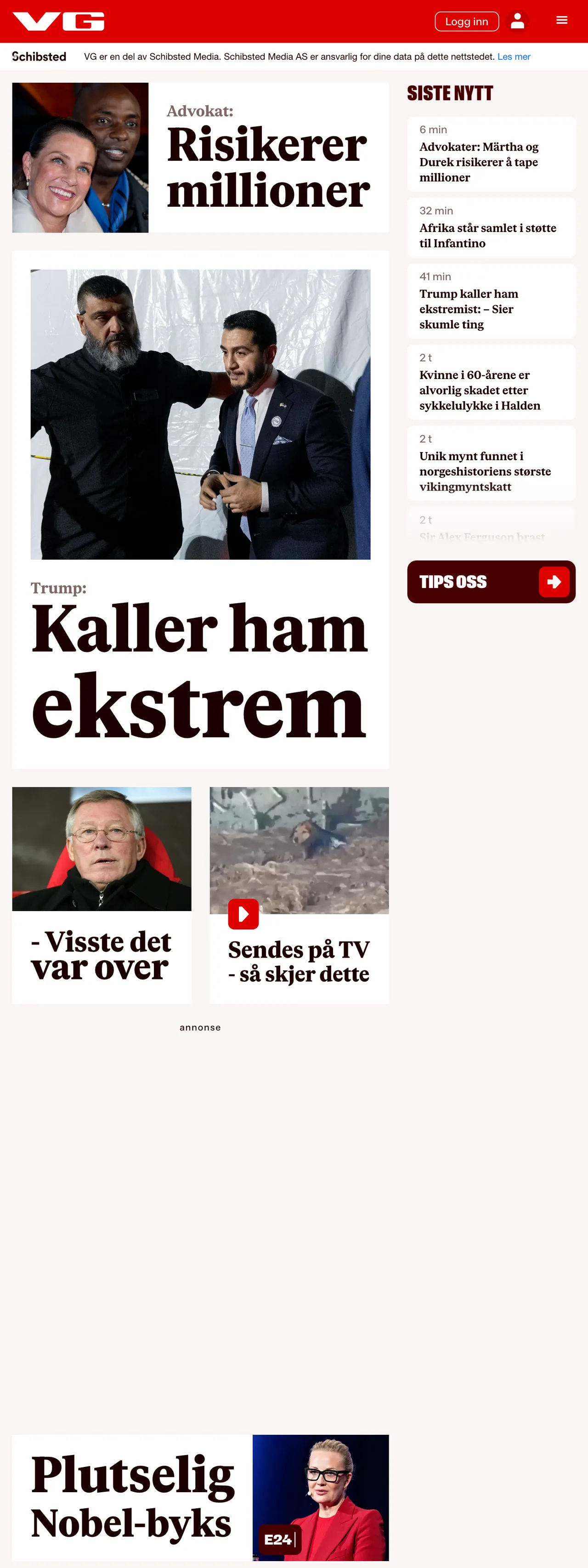 Screenshot of the VG front page