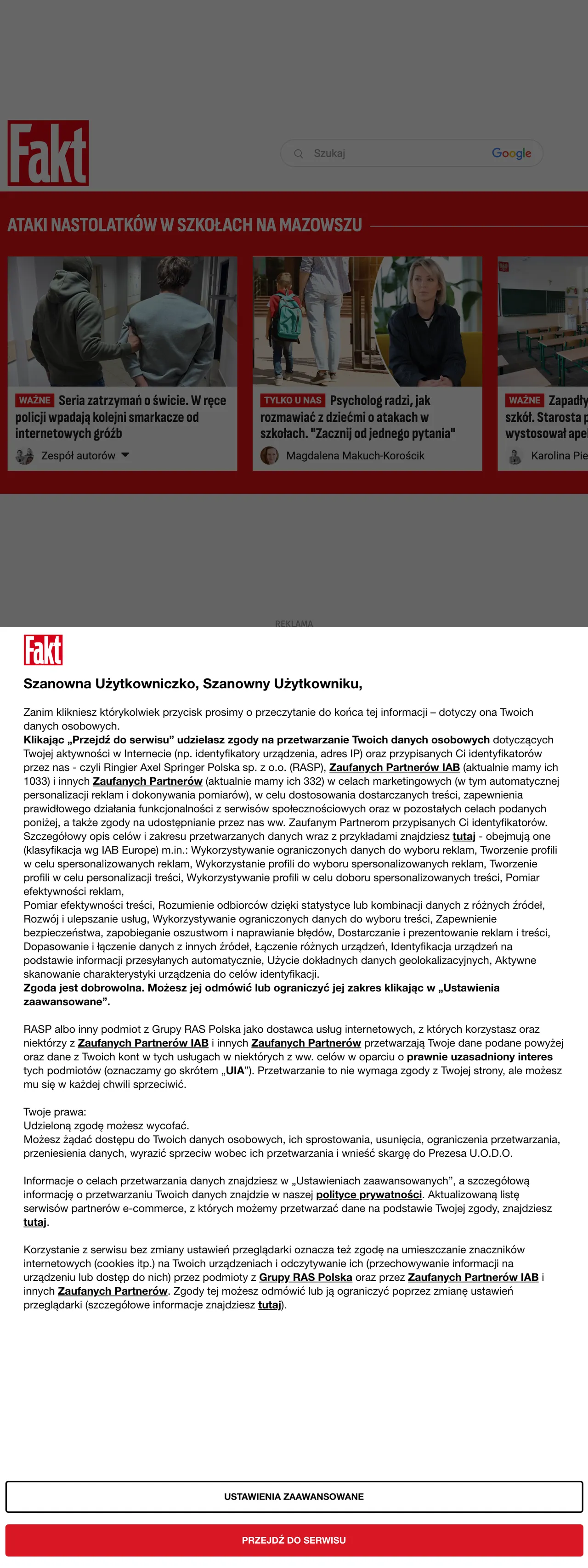Screenshot of the Fakt front page