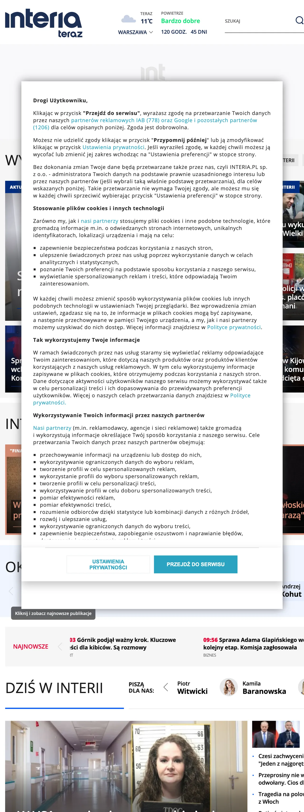 Screenshot of the Interia front page