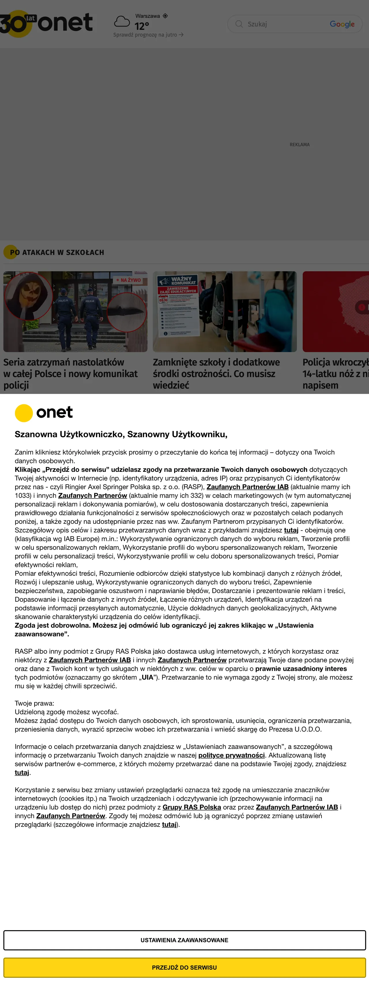 Screenshot of the Onet front page