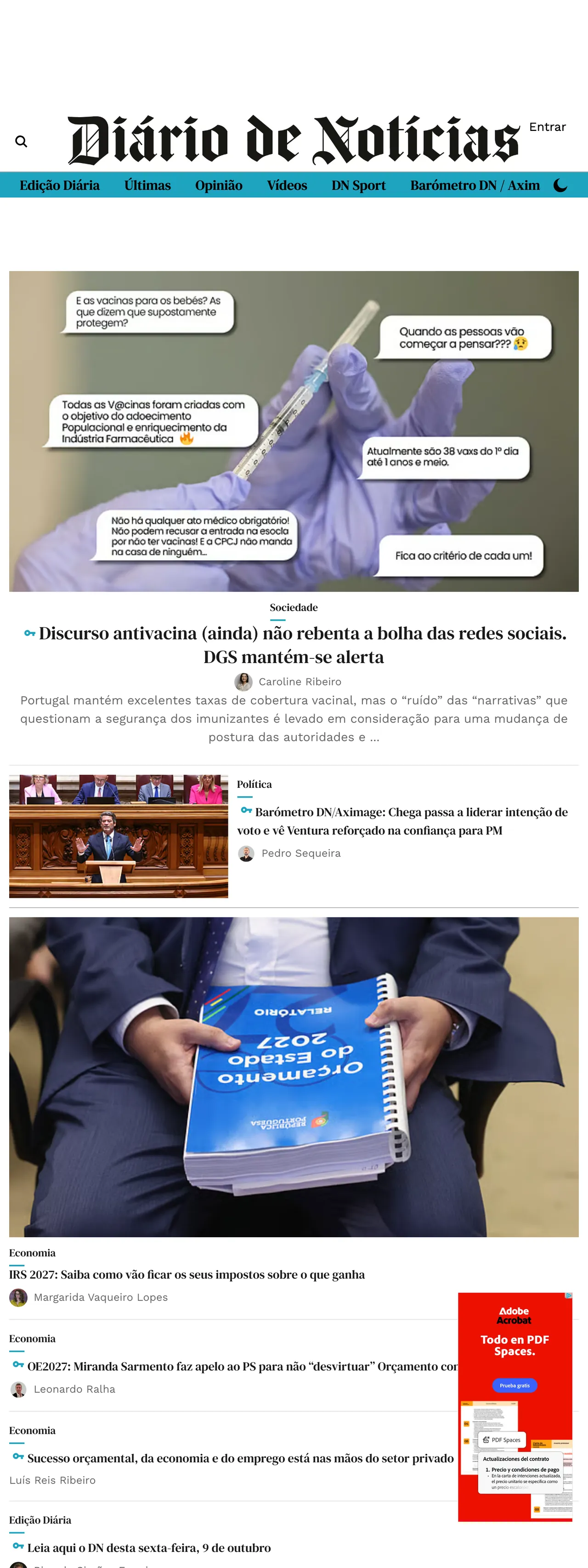 Screenshot of the Diário de Notícias front page