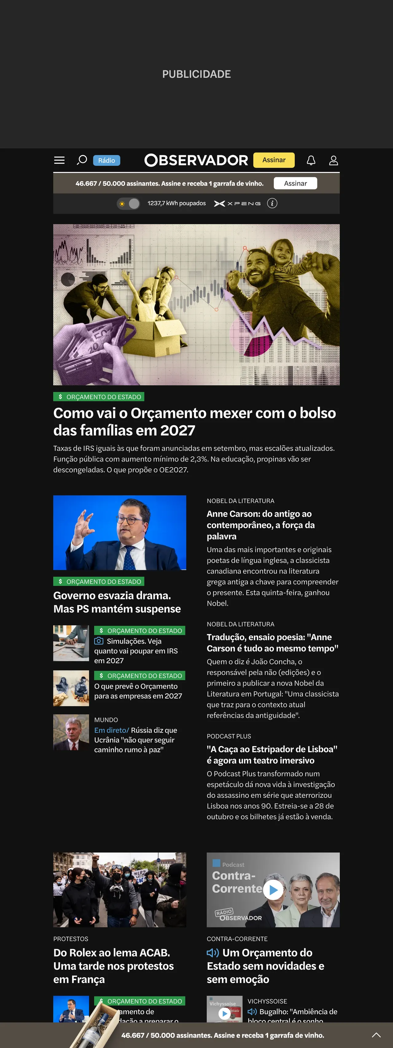 Screenshot of the Observador front page