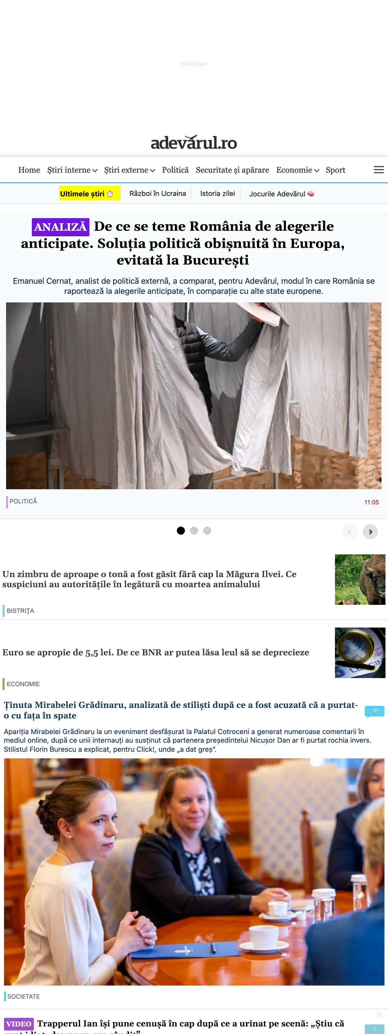 Screenshot of the Adevărul front page