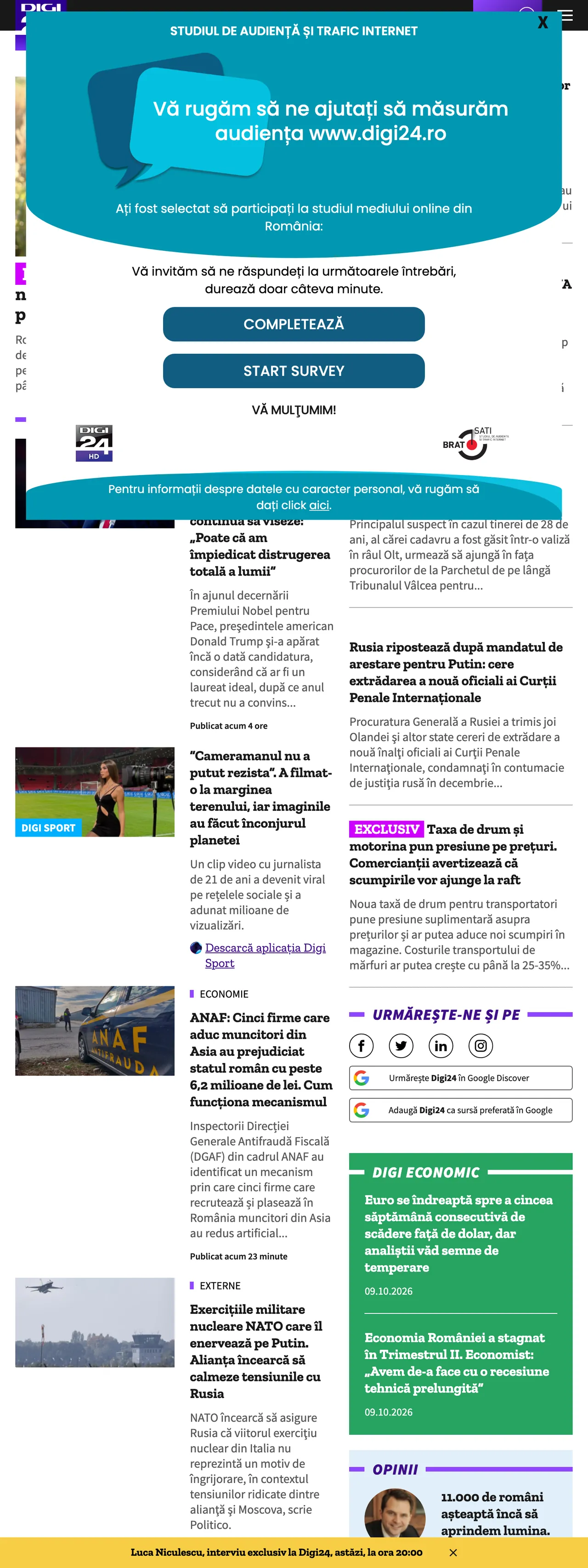 Screenshot of the Digi24 front page