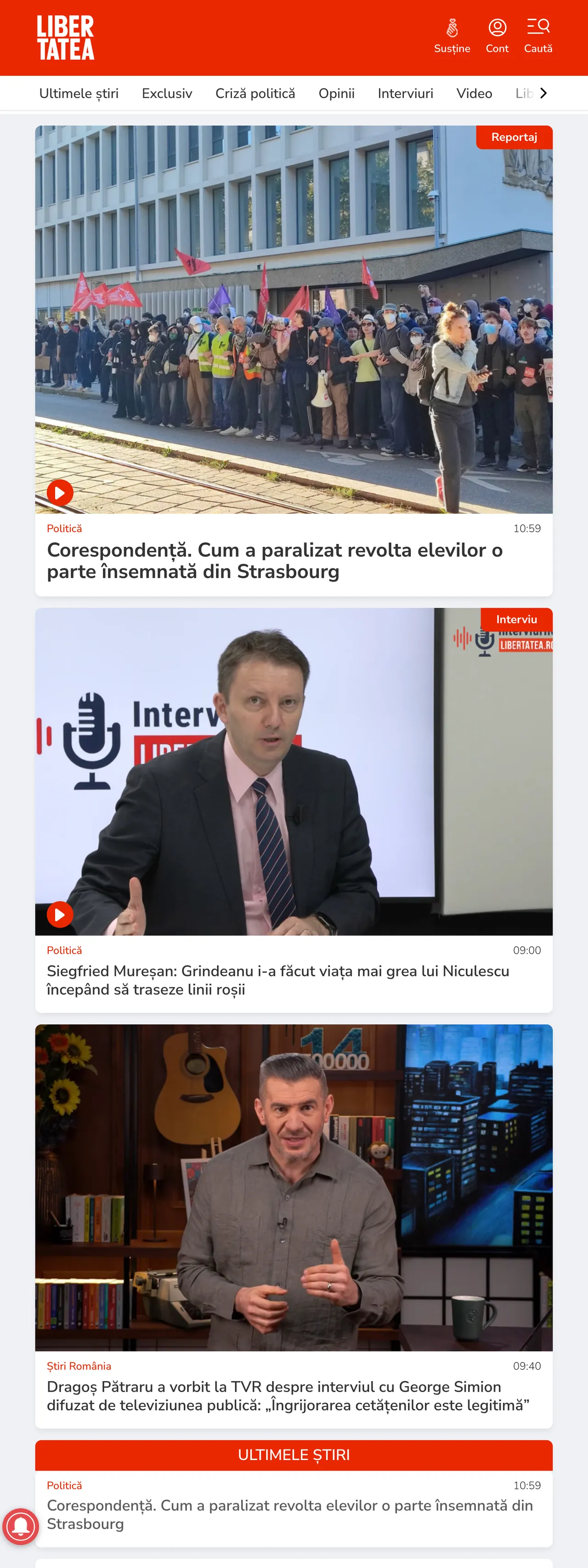 Screenshot of the Libertatea front page