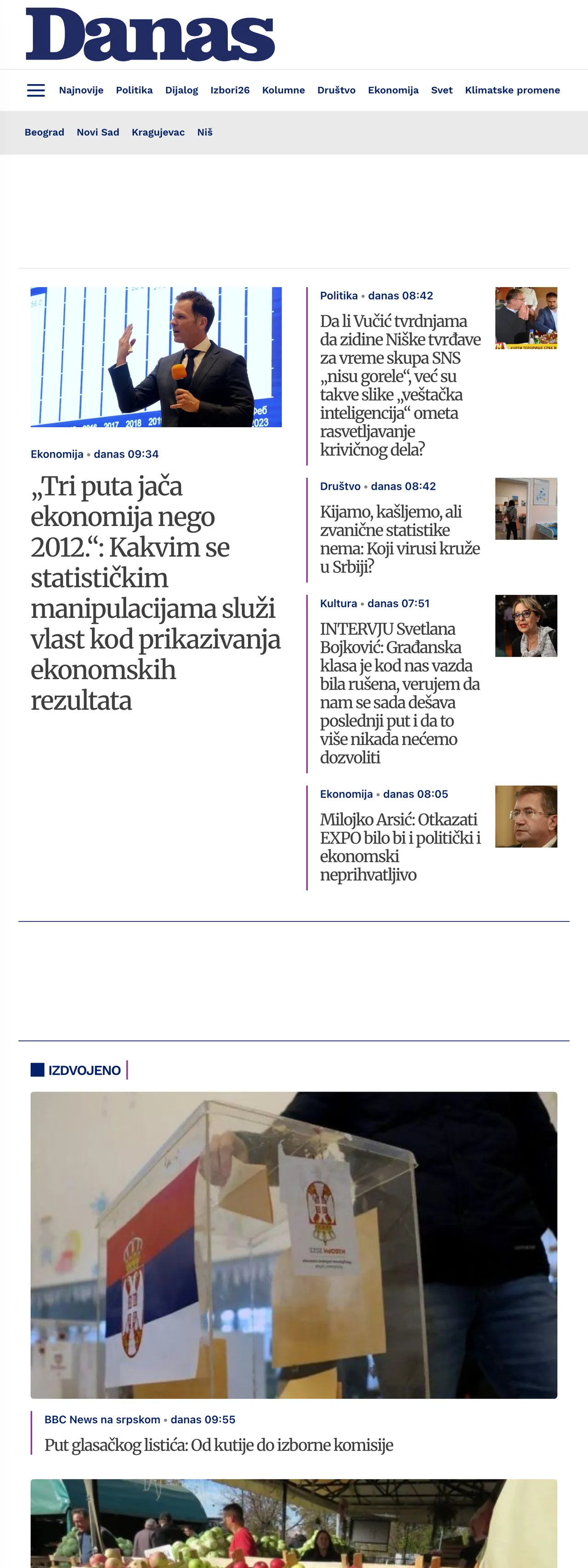 Screenshot of the Danas front page