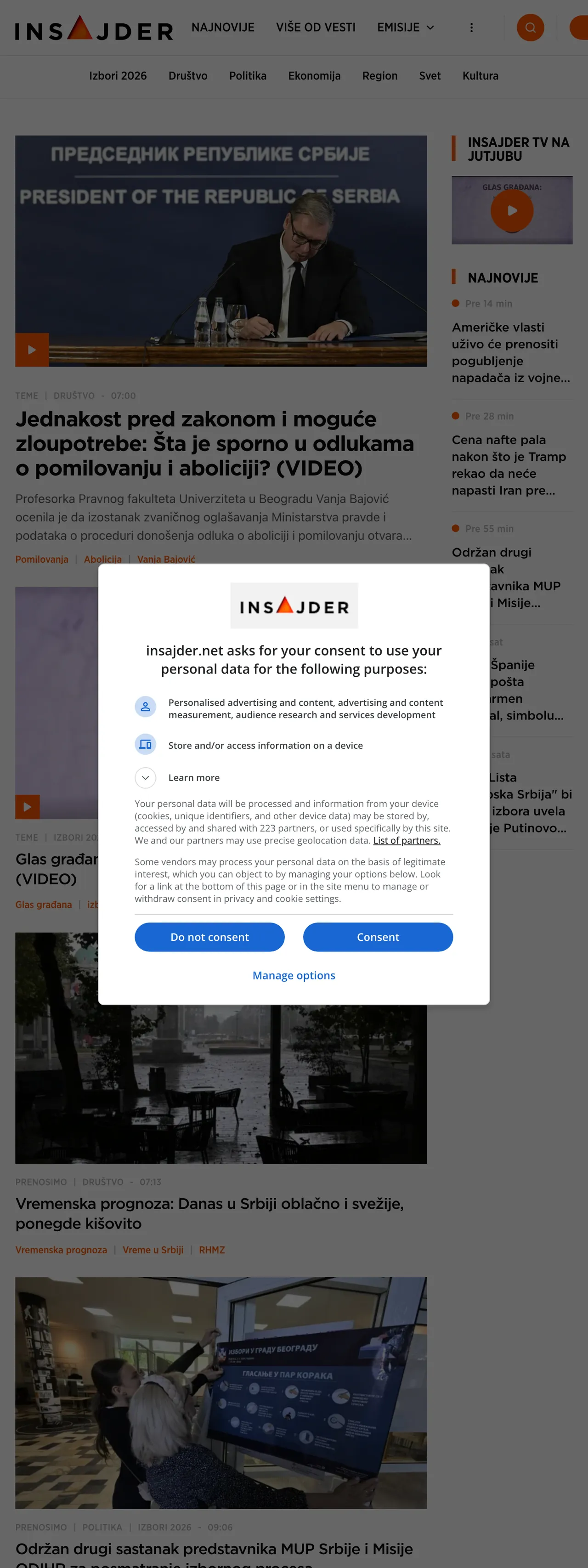 Screenshot of the Insajder front page