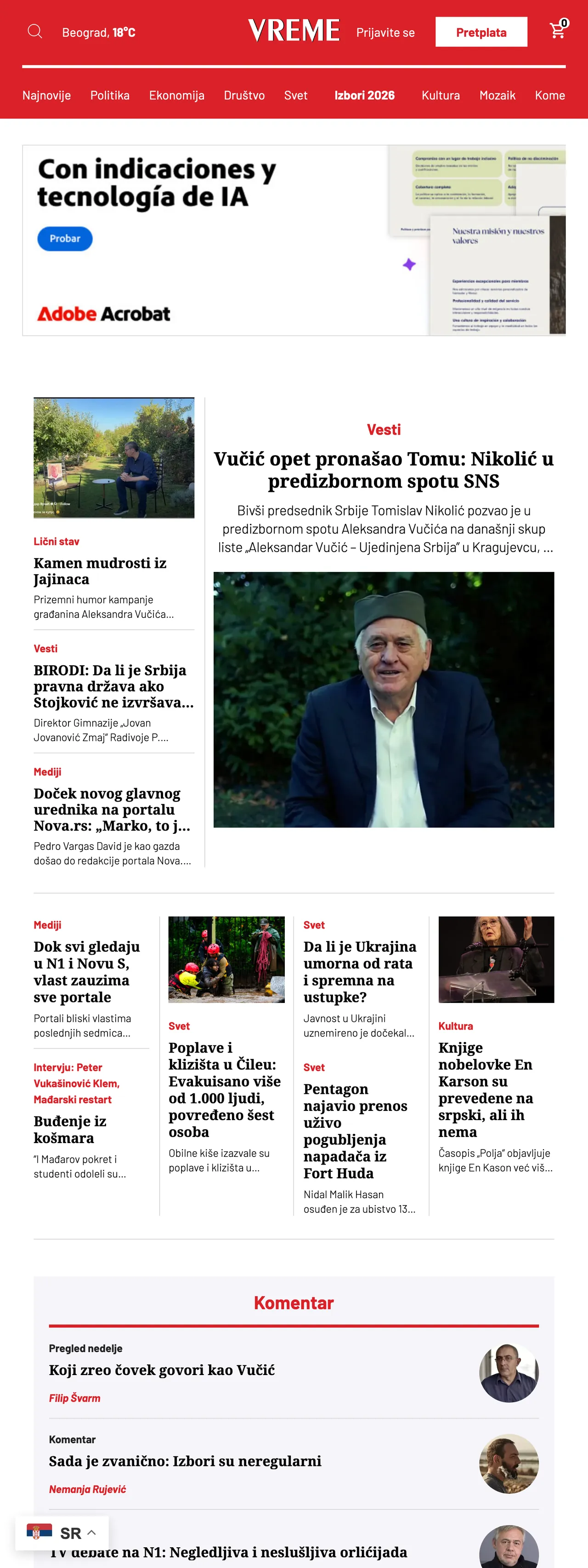 Screenshot of the Vreme front page