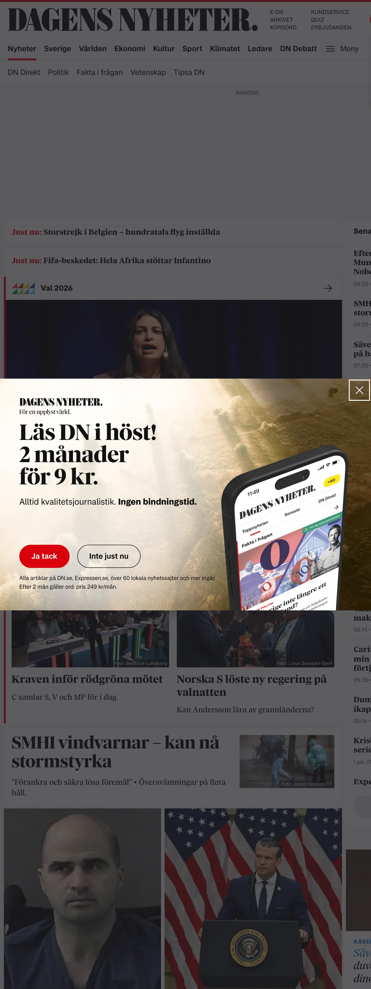 Screenshot of the Dagens Nyheter front page