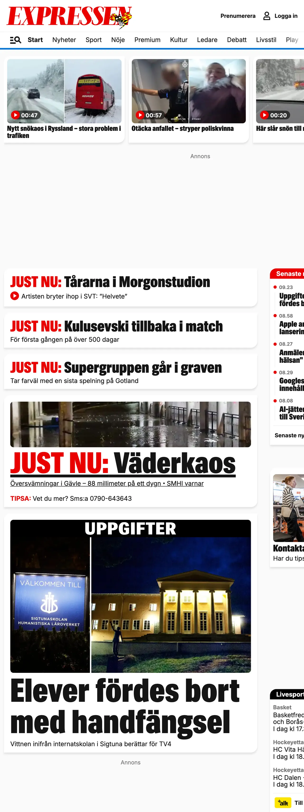 Screenshot of the Expressen front page