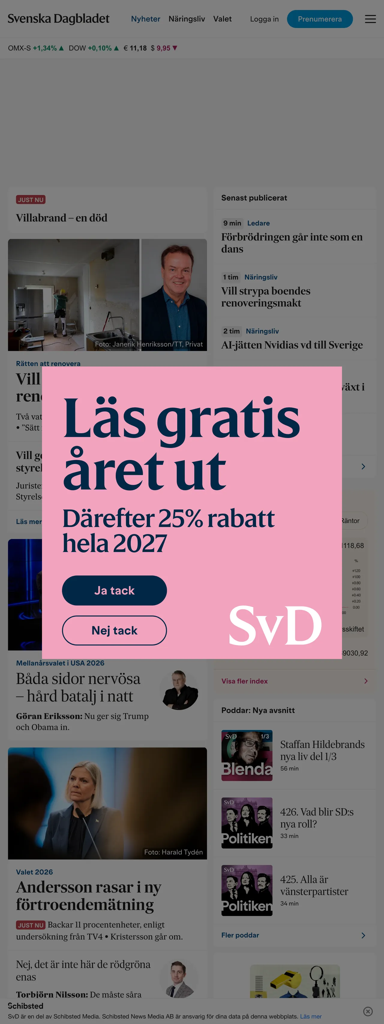Screenshot of the Svenska Dagbladet front page