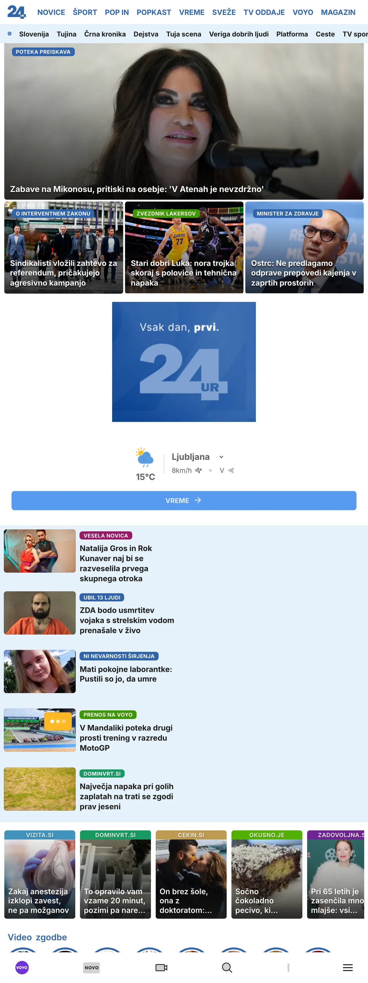 Screenshot of the 24ur front page