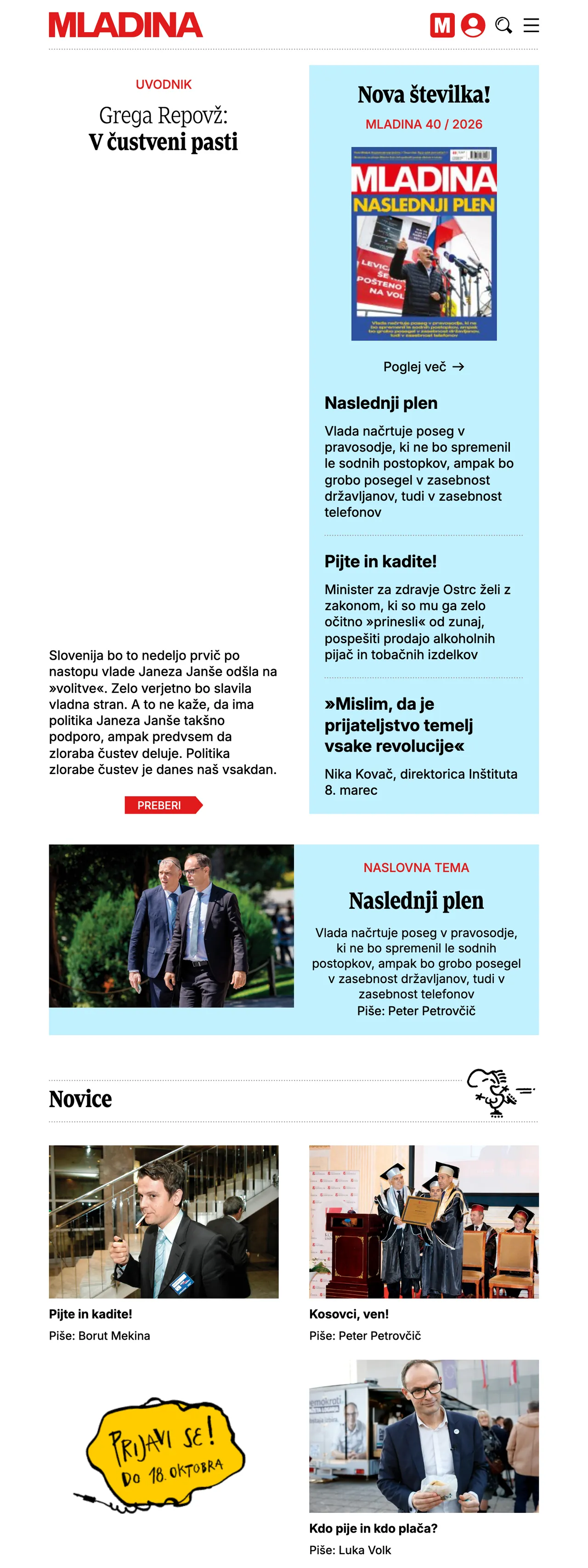 Screenshot of the Mladina front page