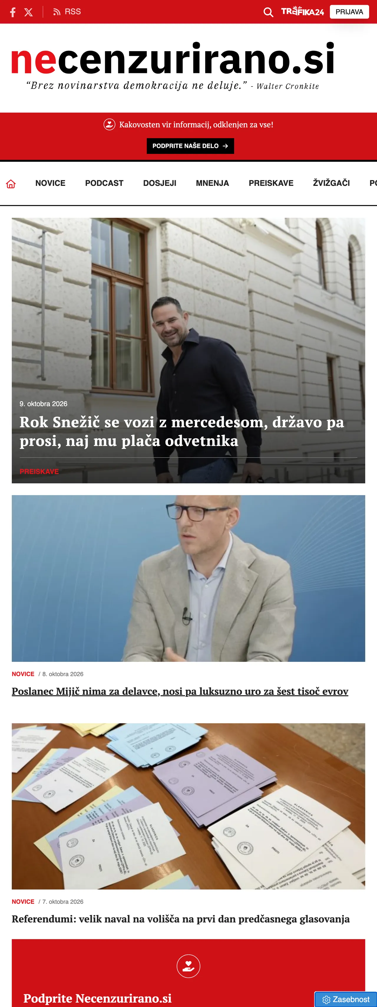 Screenshot of the Necenzurirano front page