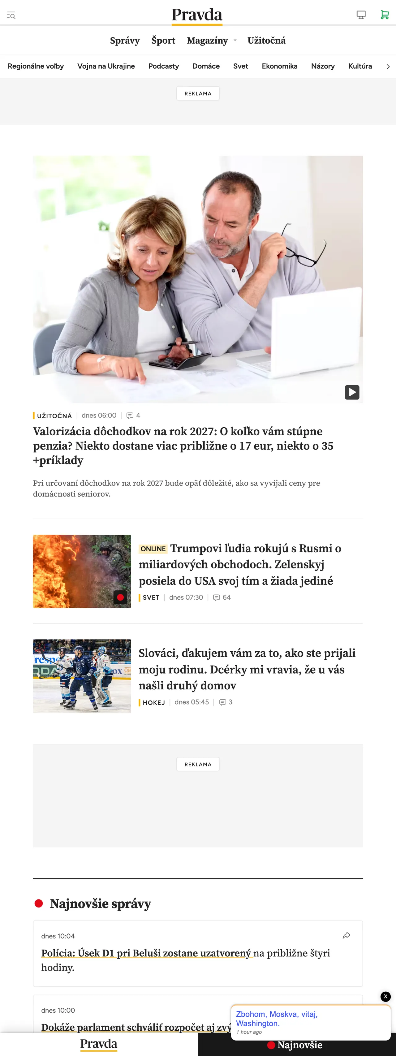 Screenshot of the Pravda front page