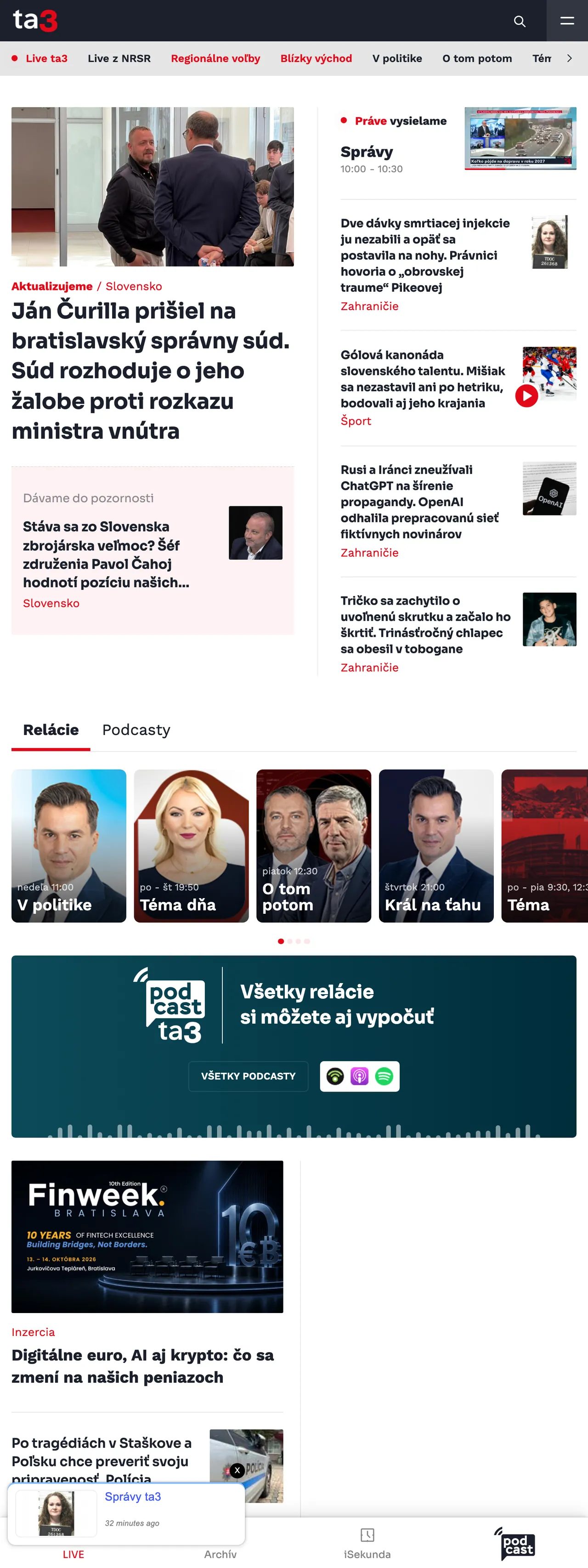 Screenshot of the TA3 front page
