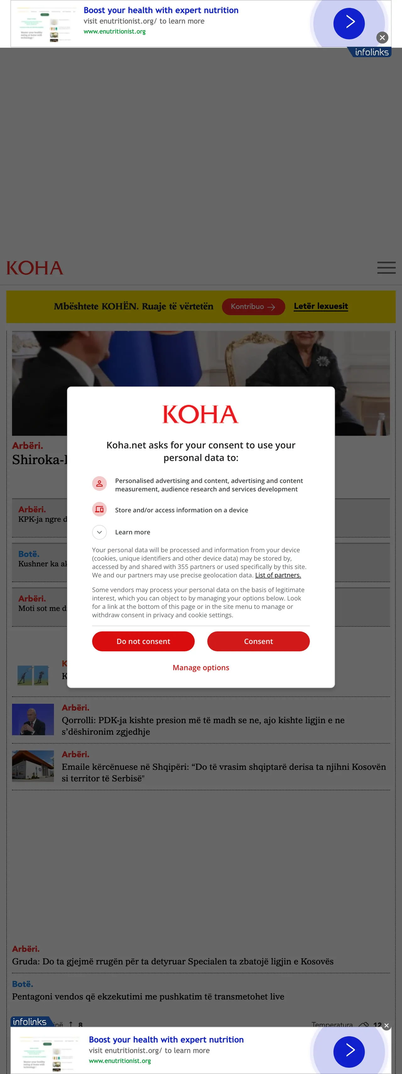 Screenshot of the Koha Ditore front page