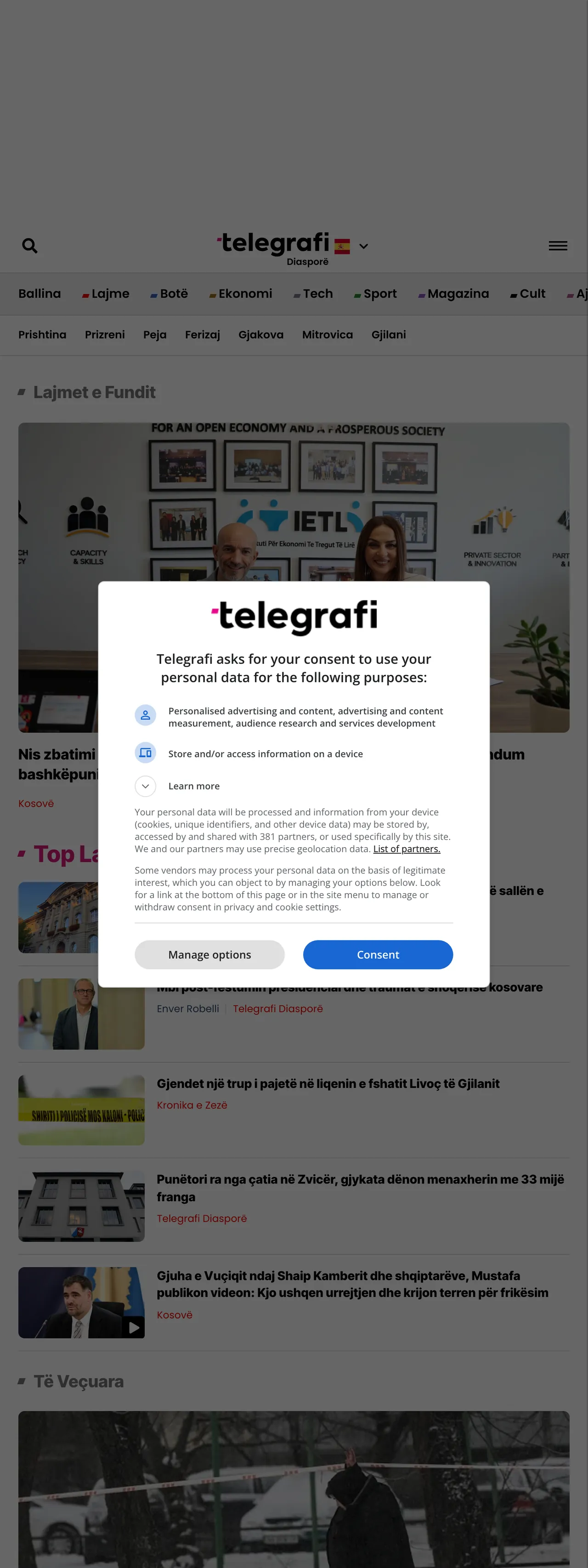 Screenshot of the Telegrafi front page