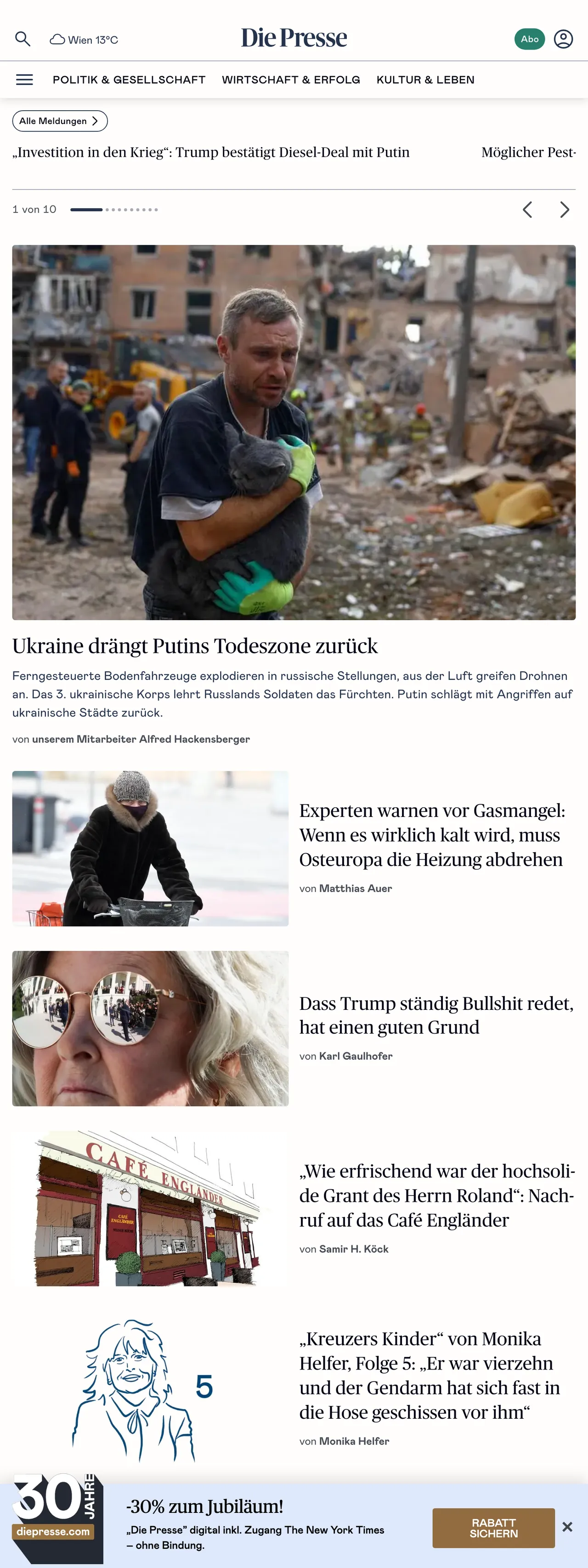 Screenshot of the Die Presse front page