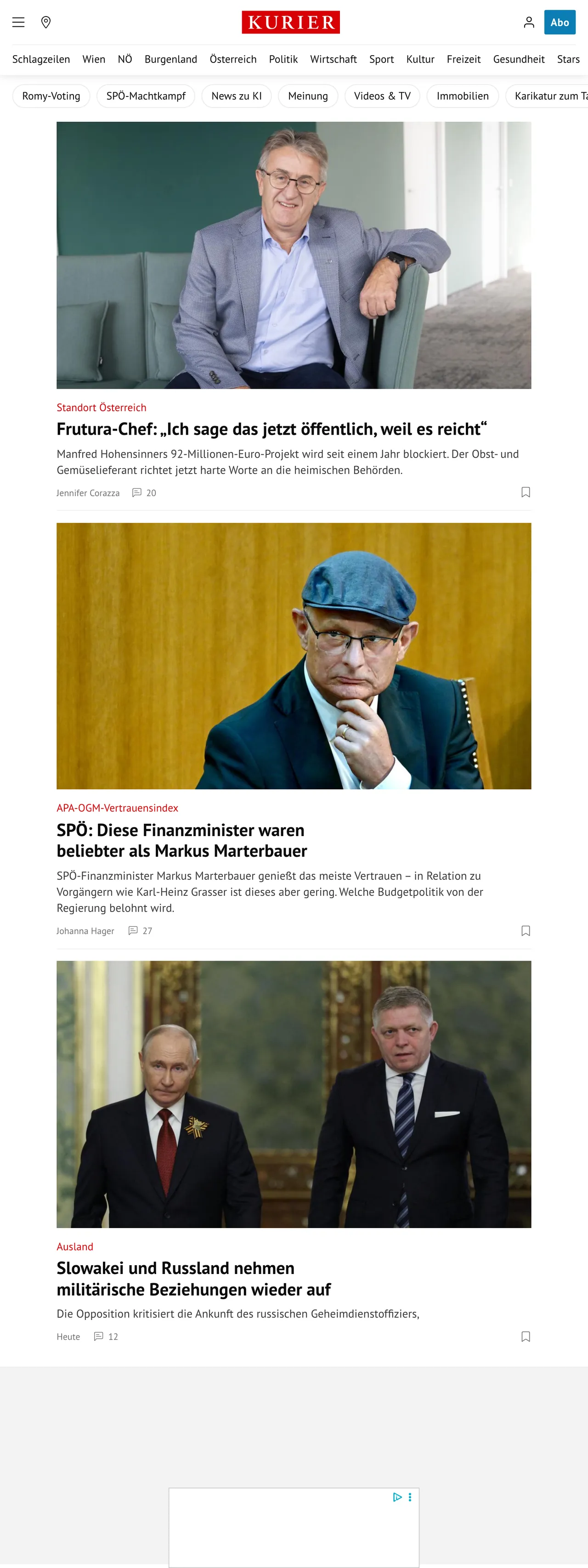 Screenshot of the Kurier front page