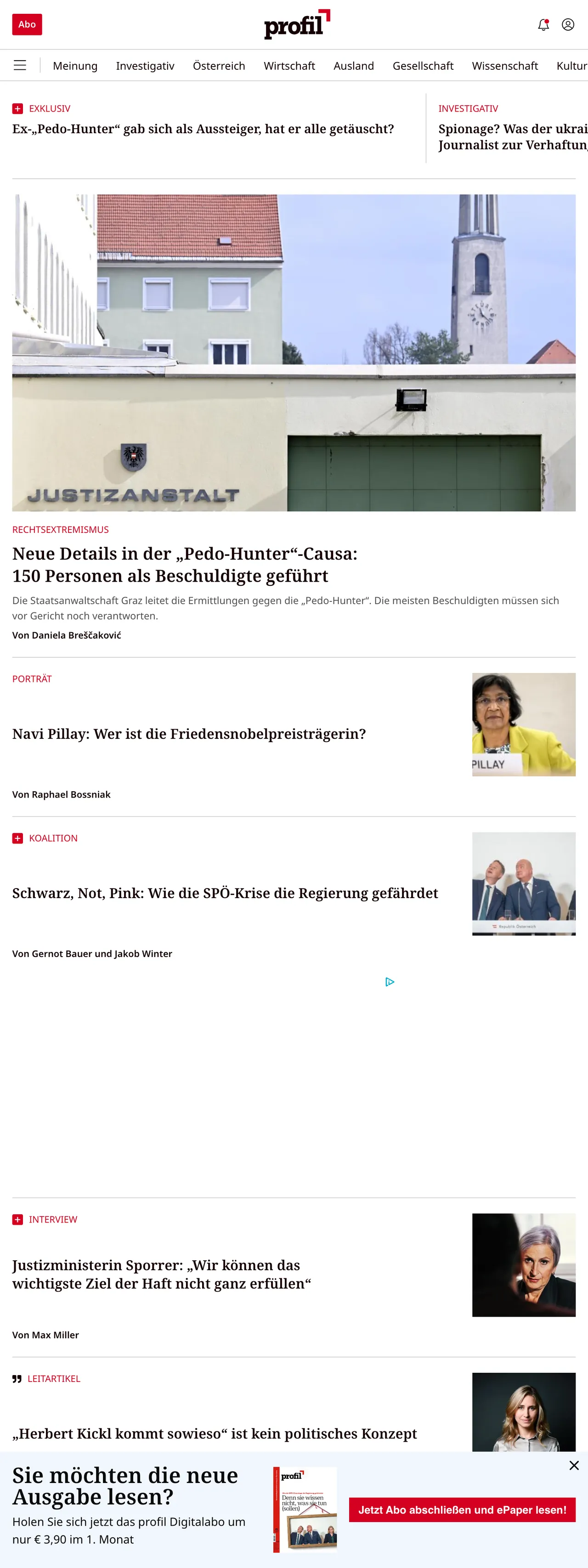 Screenshot of the profil front page