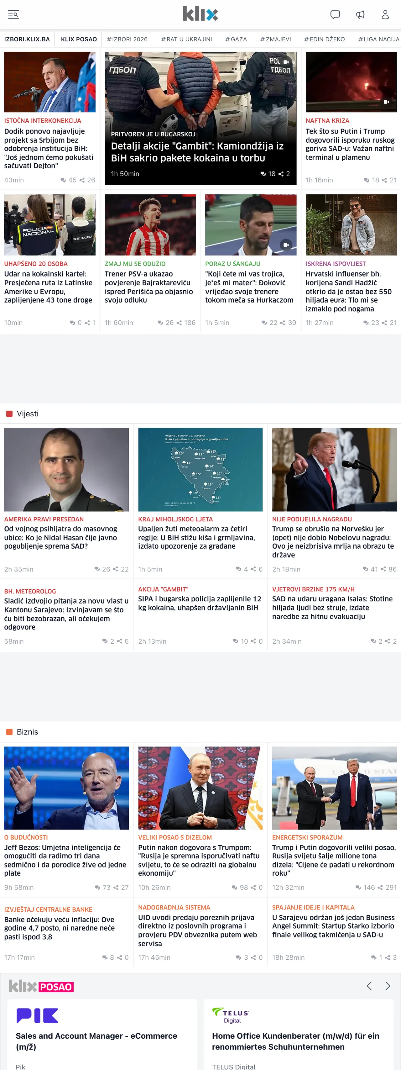 Screenshot of the Klix.ba front page