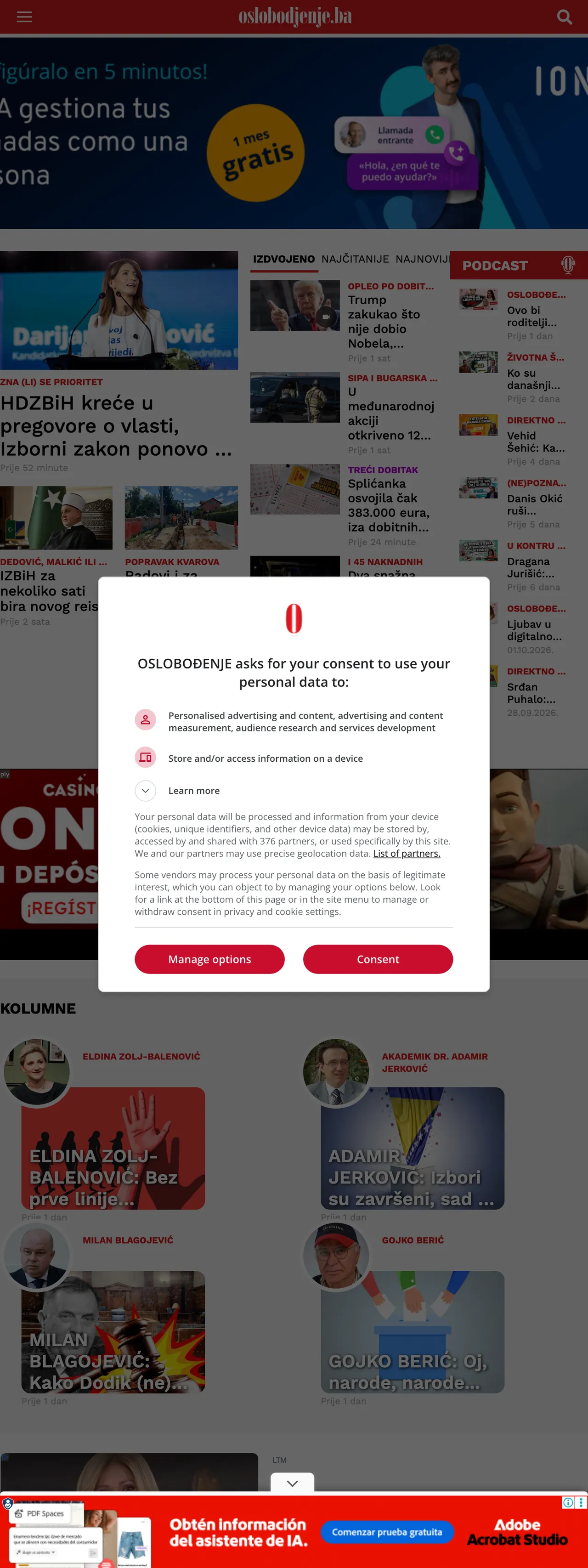 Screenshot of the Oslobođenje front page