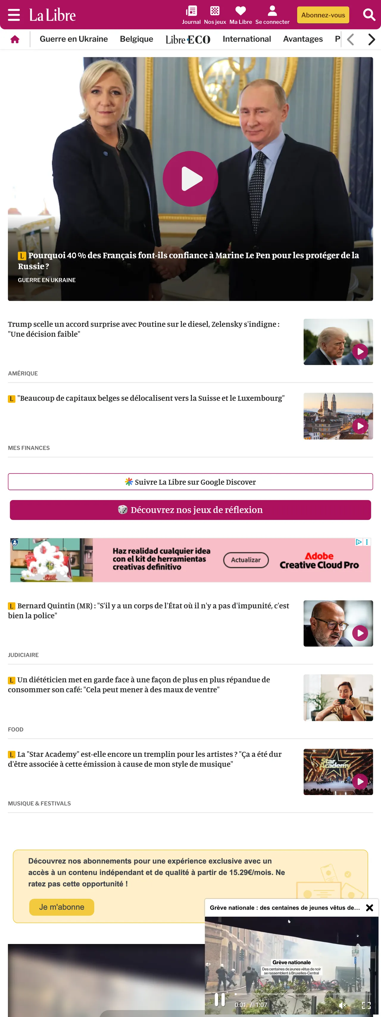 Screenshot of the La Libre front page