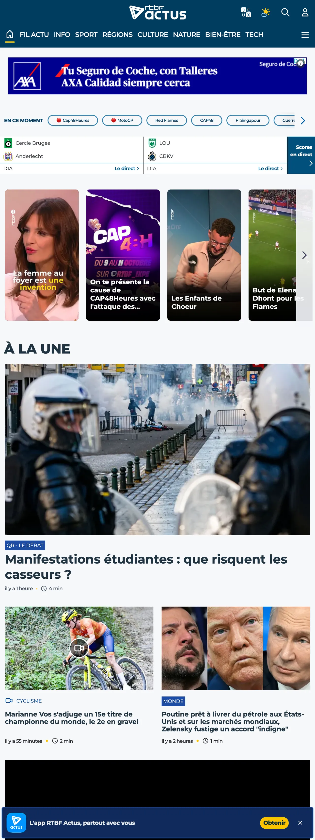 Screenshot of the RTBF front page