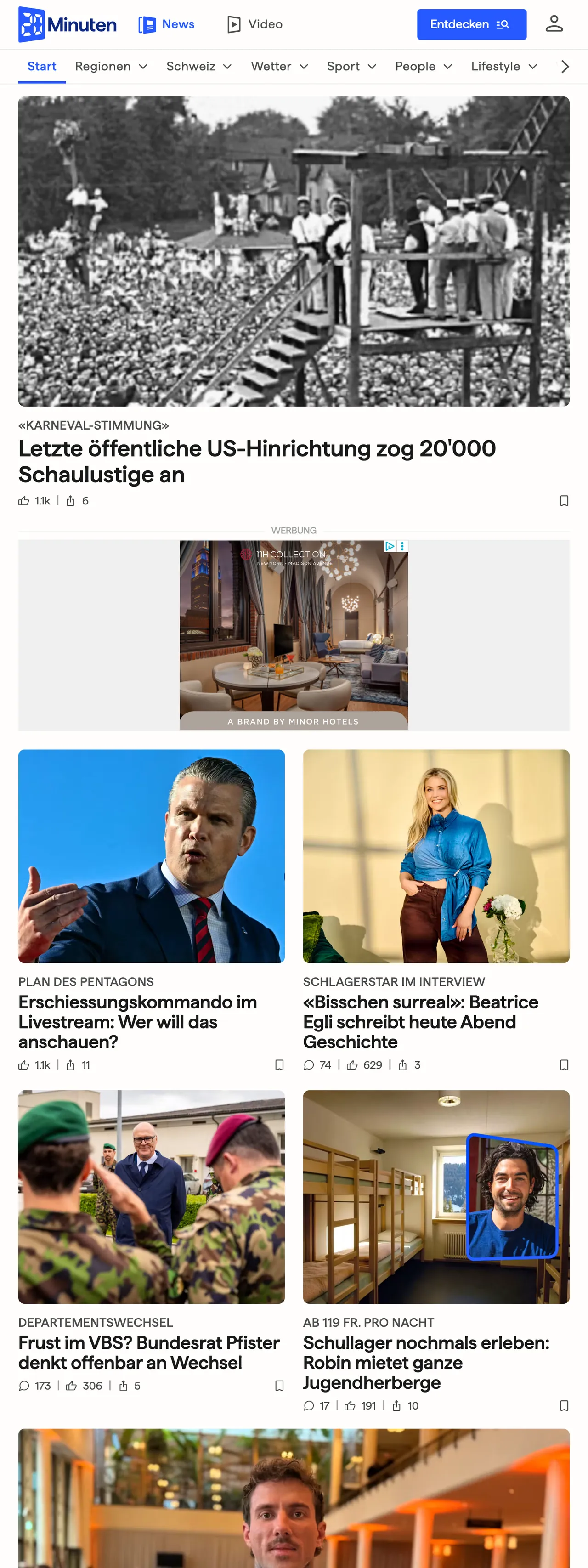 Screenshot of the 20 Minuten front page