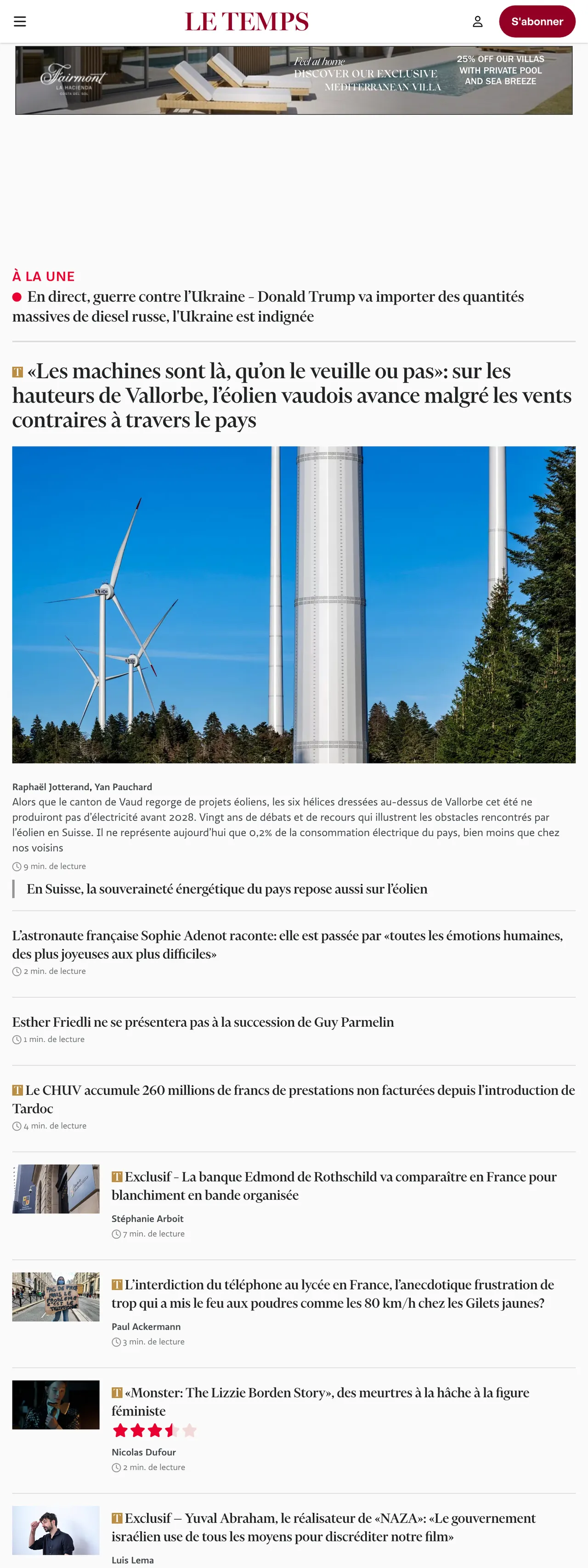 Screenshot of the Le Temps front page
