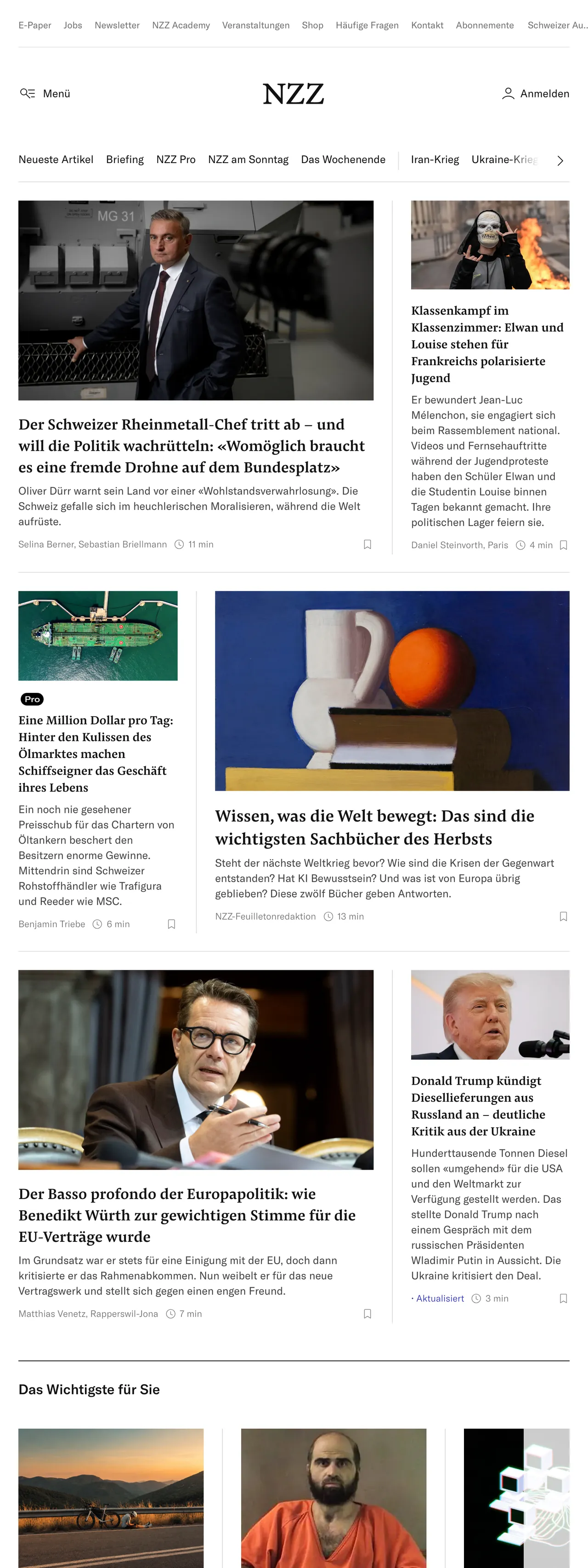 Screenshot of the Neue Zürcher Zeitung front page