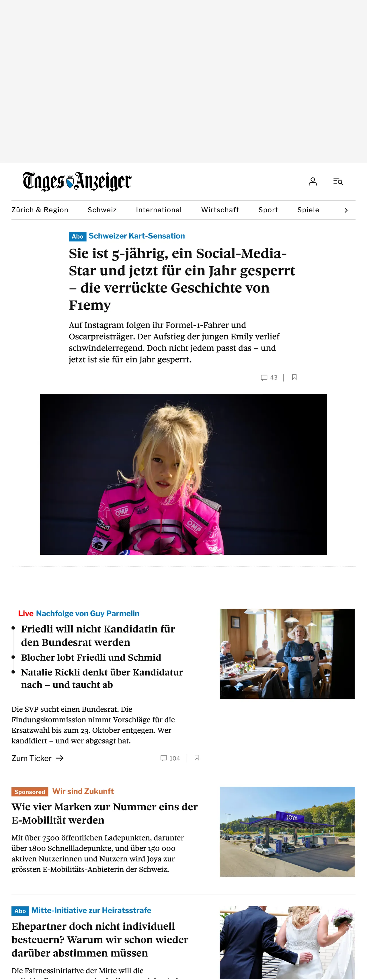 Screenshot of the Tages-Anzeiger front page