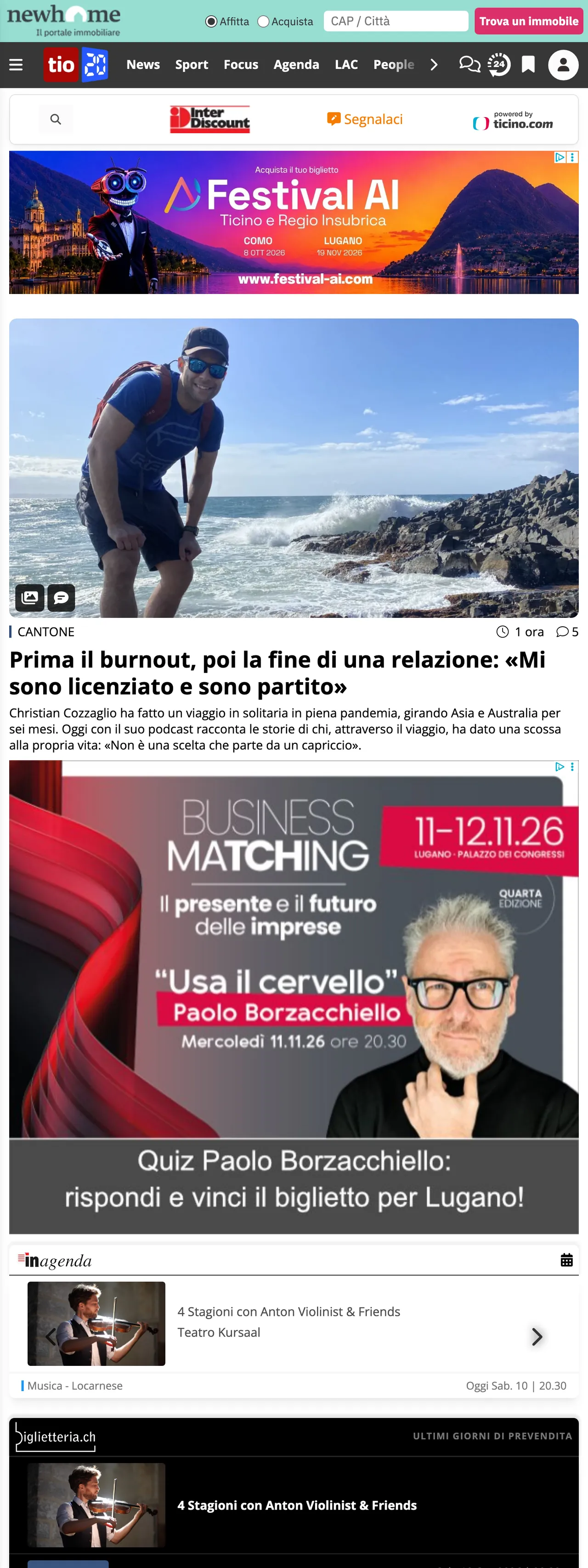 Screenshot of the Ticinonline front page