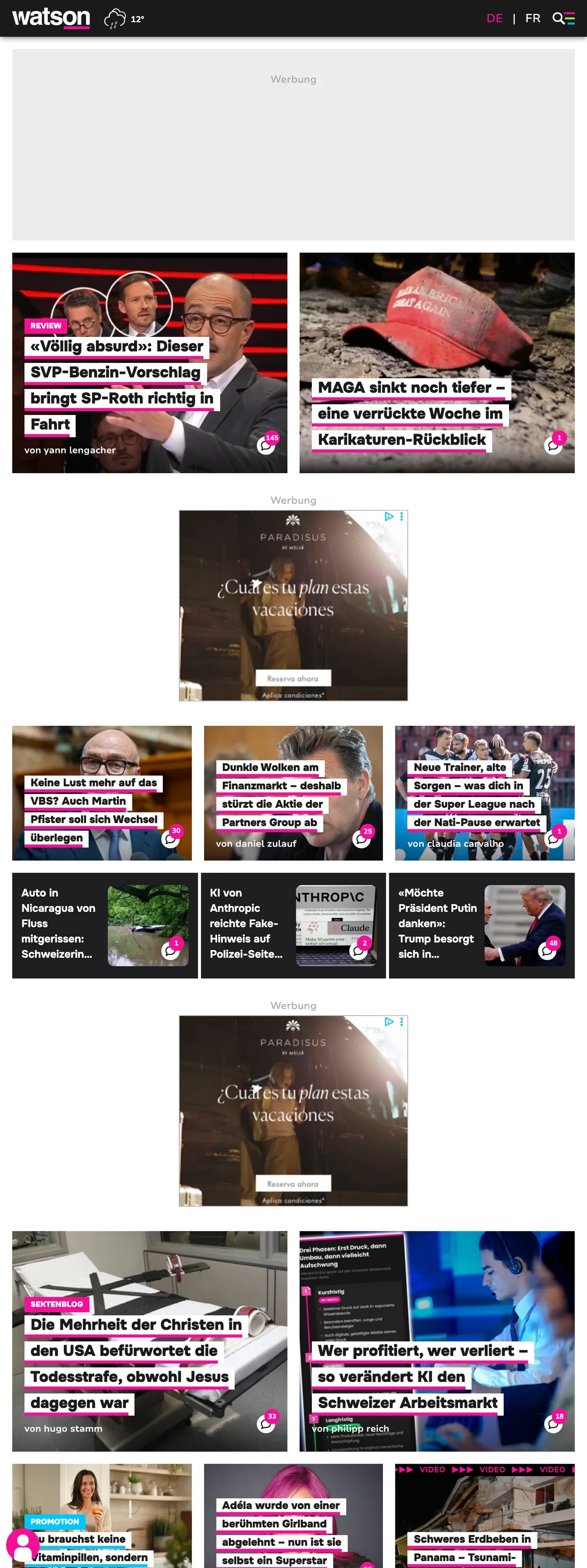 Screenshot of the watson front page