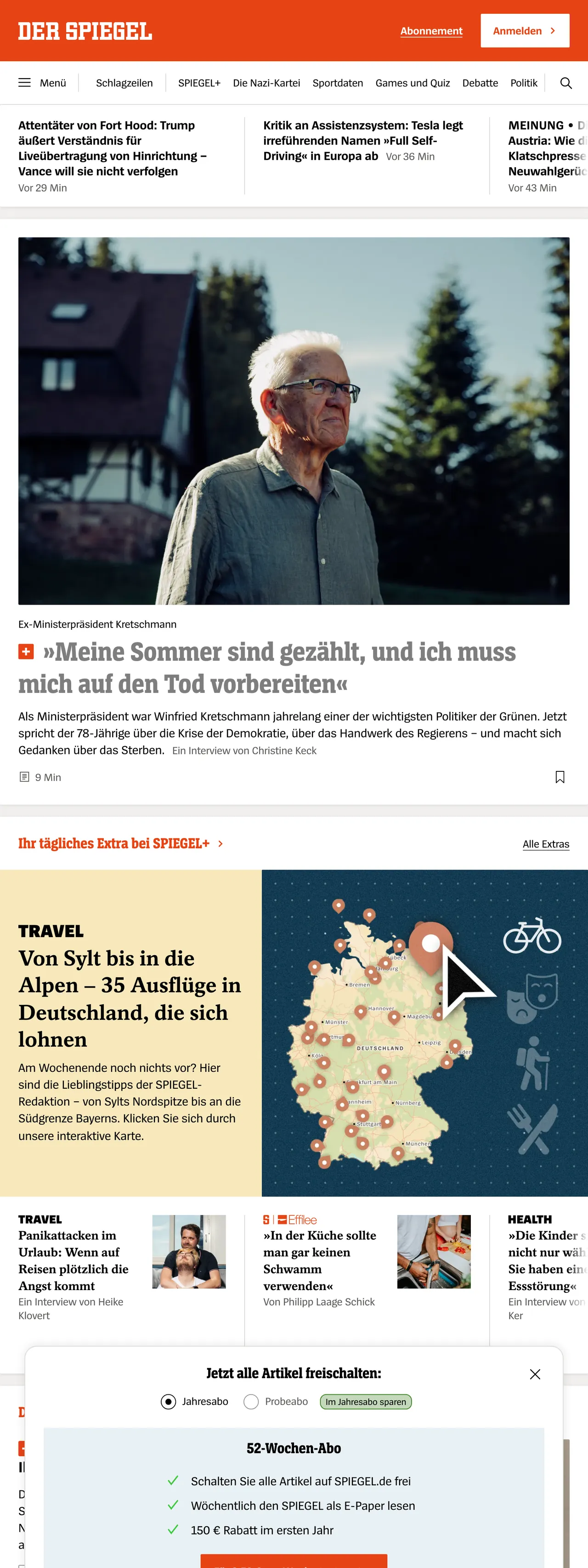 Screenshot of the DER SPIEGEL front page