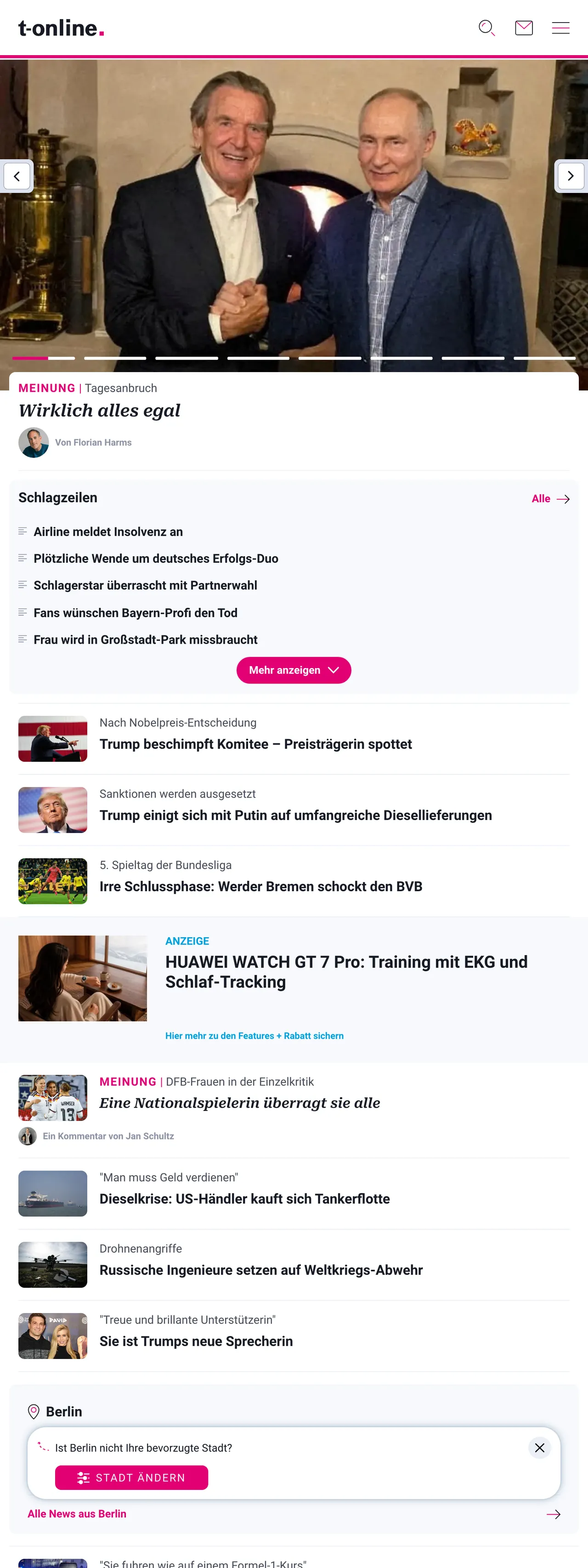 Screenshot of the t-online front page