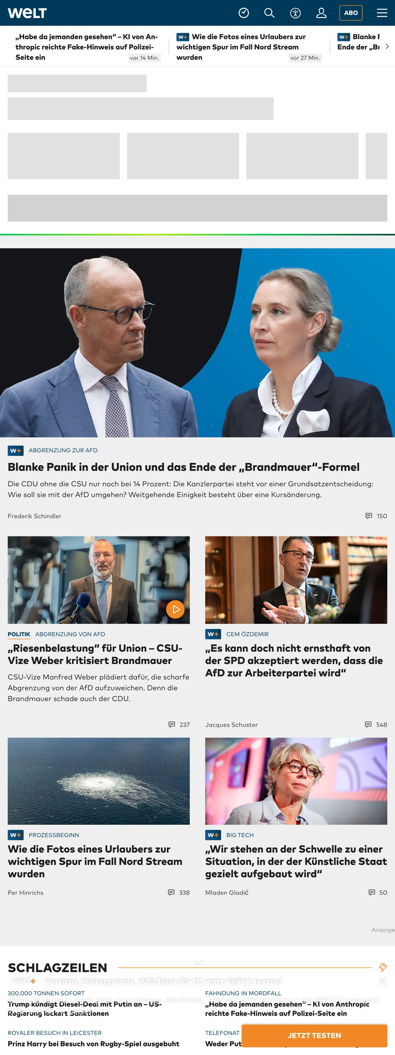 Screenshot of the WELT front page