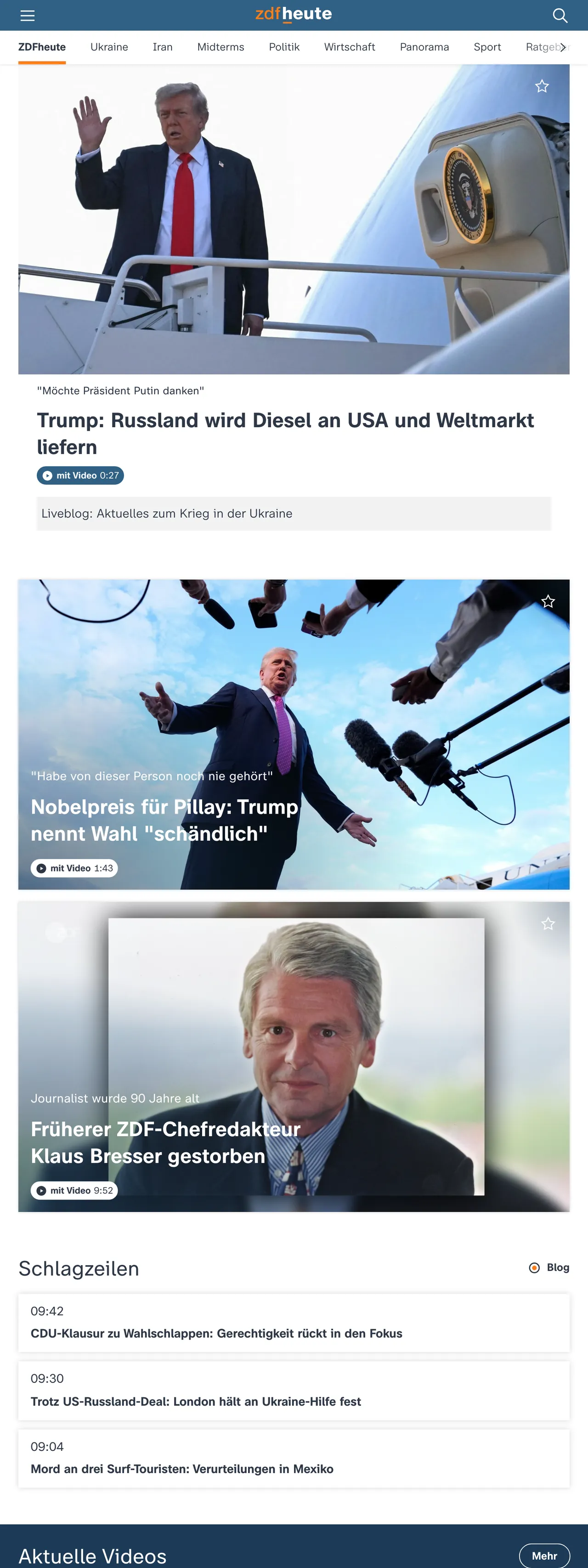 Screenshot of the ZDFheute front page