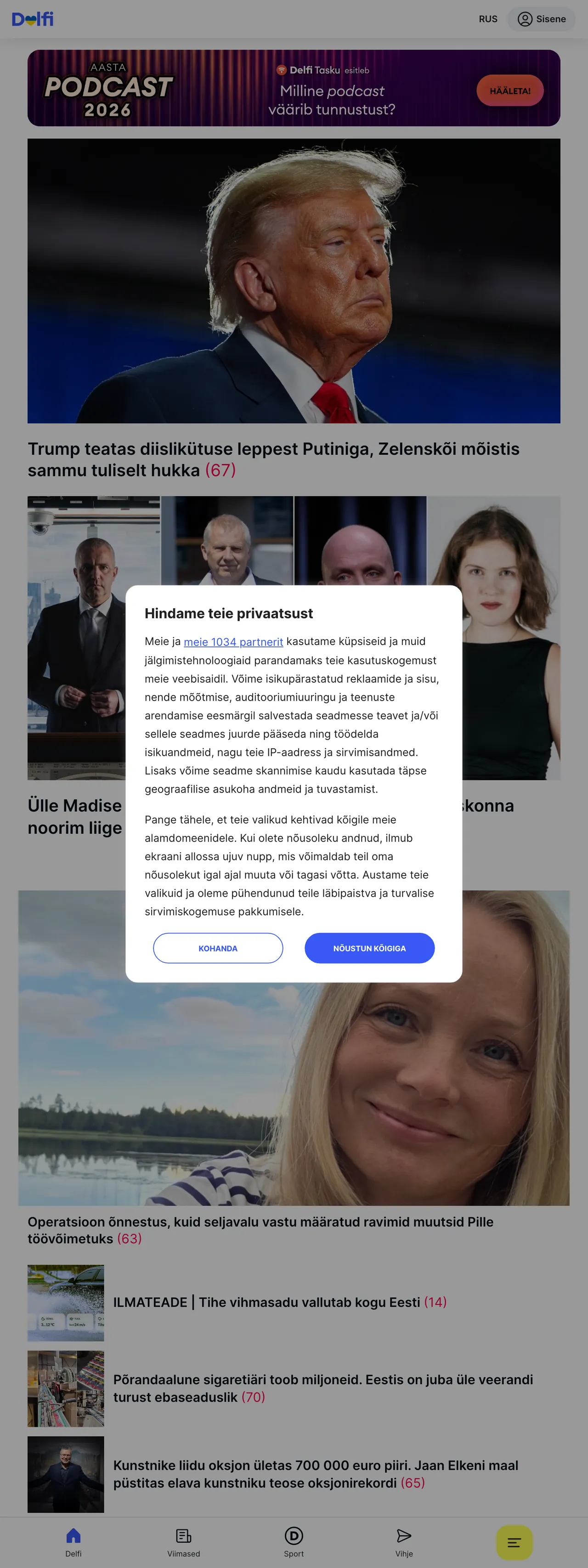 Screenshot of the Delfi front page